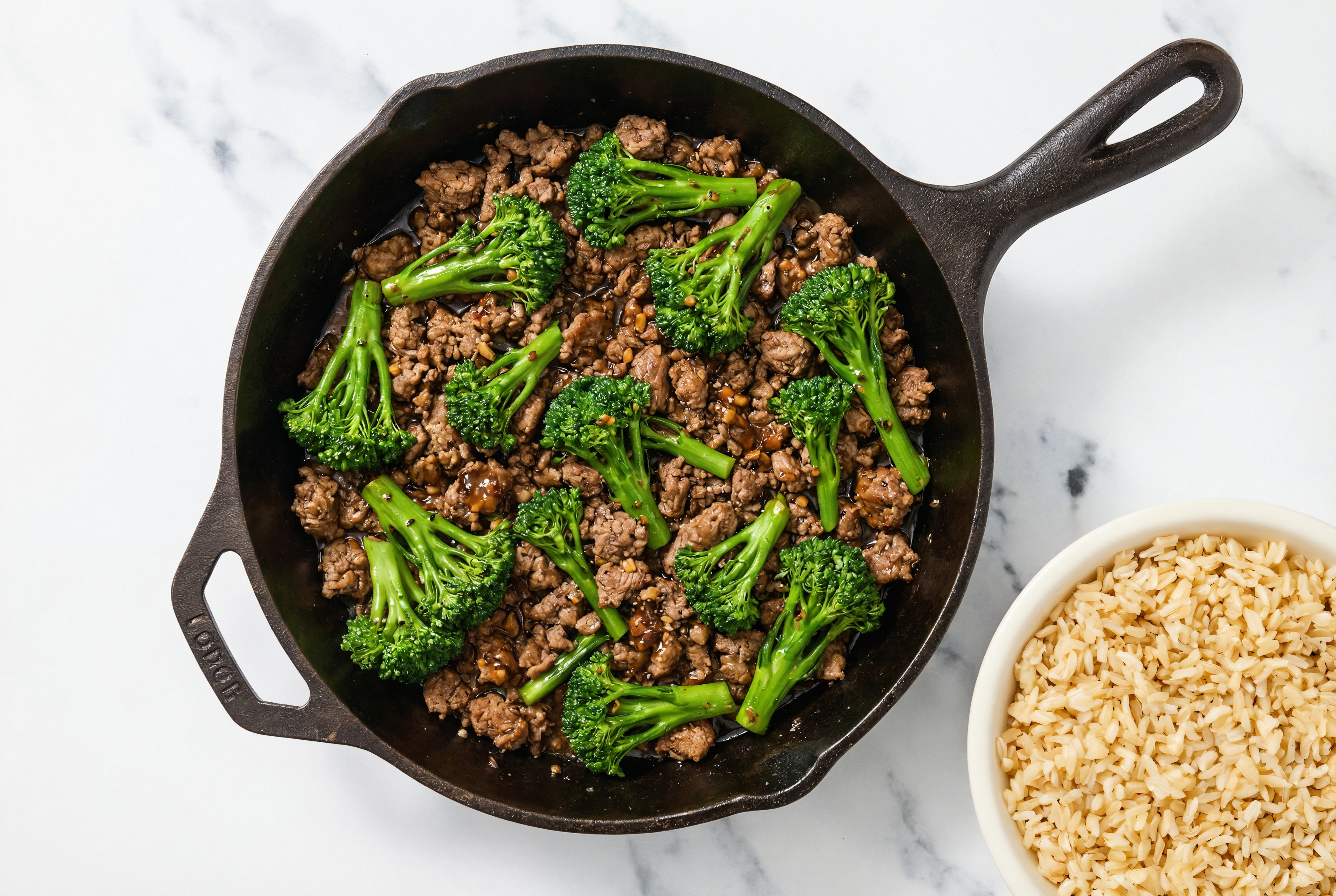 Tangy Pepper Ground Beef Stir-Fry with Baby Broccoli over Brown Rice