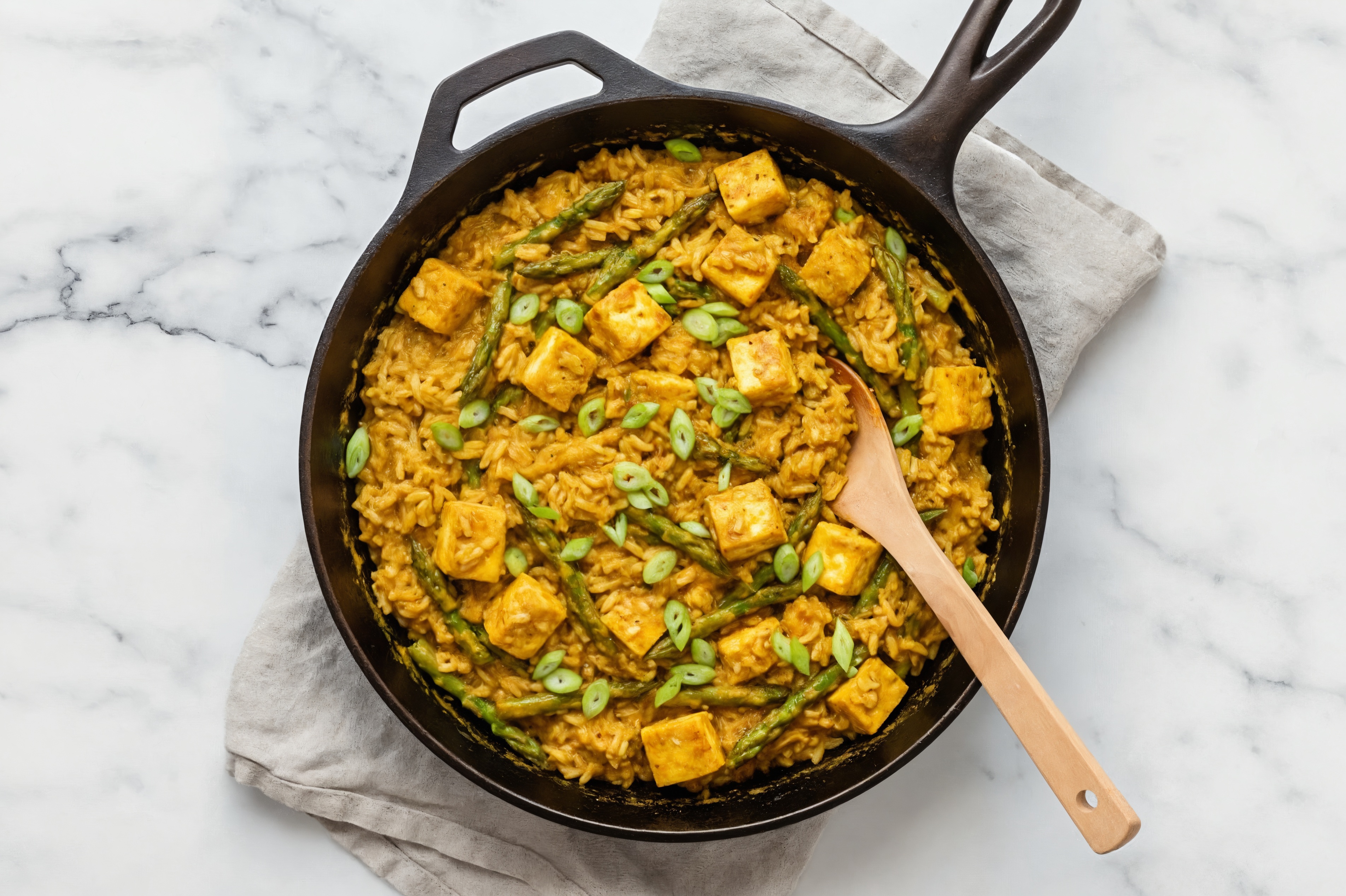 Coconut Curry Soft & Creamy Paneer with Asparagus + Scallions over Rice