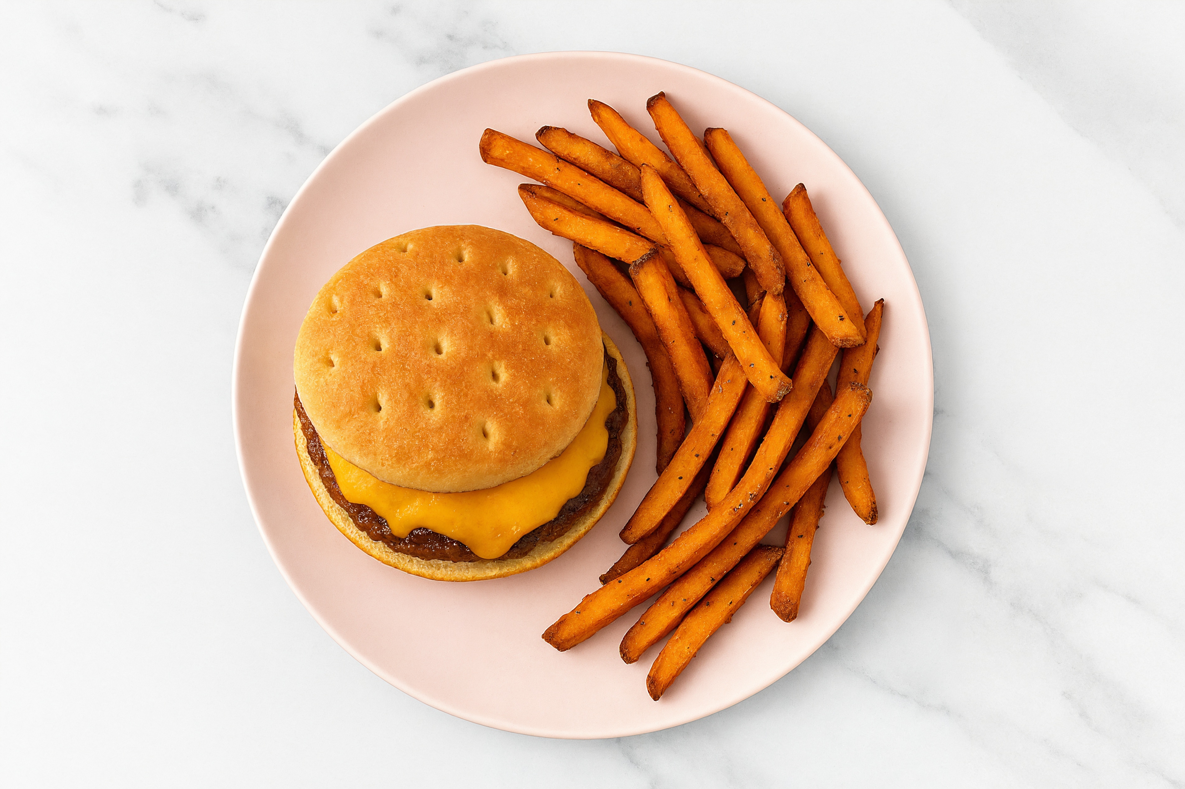 Savory Cheeseburger with Sweet Potato Fries with Ground Beef Patties