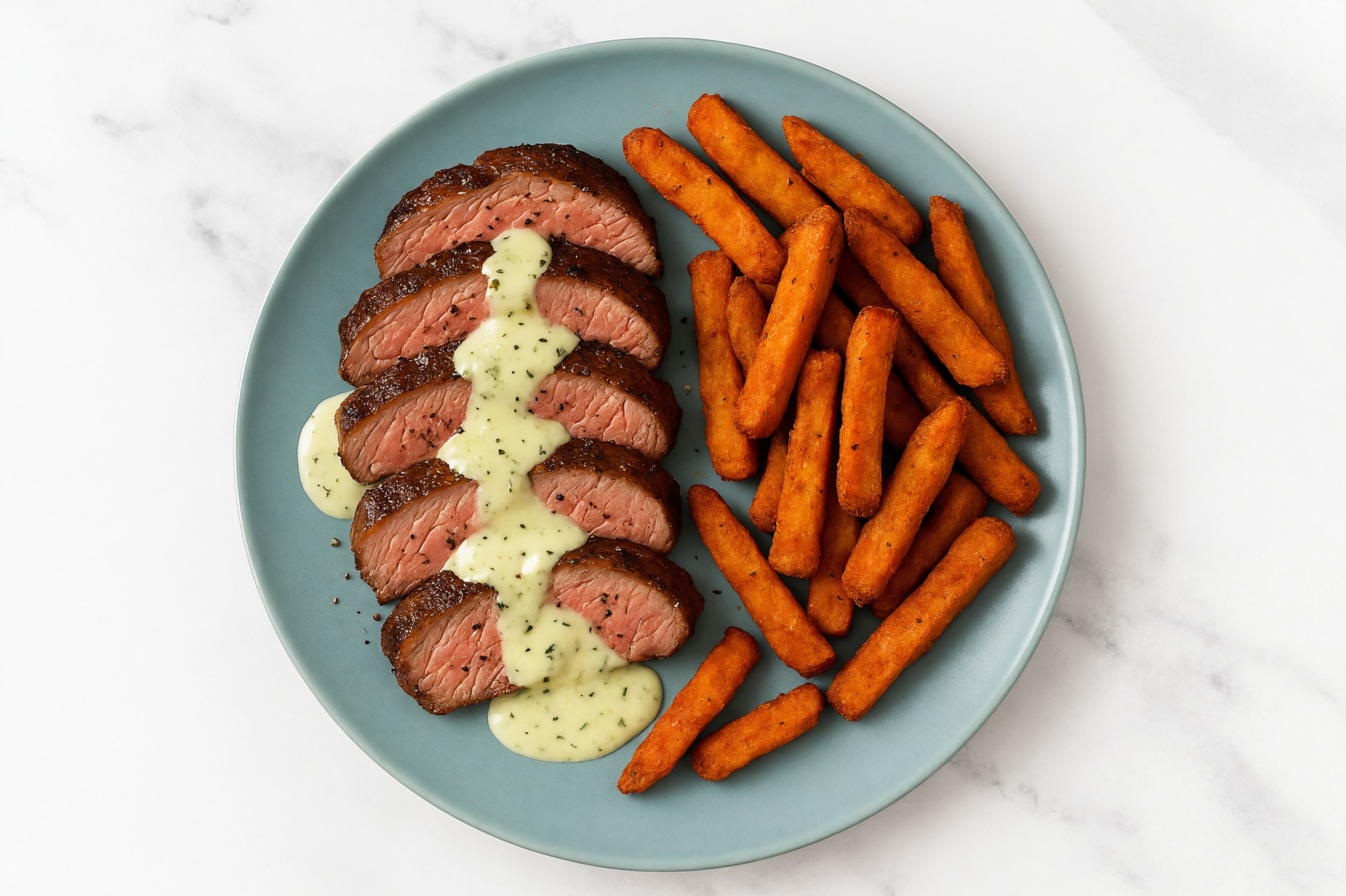 Ribeye Steak with Jalapeño Crema + Sweet Potato Fries