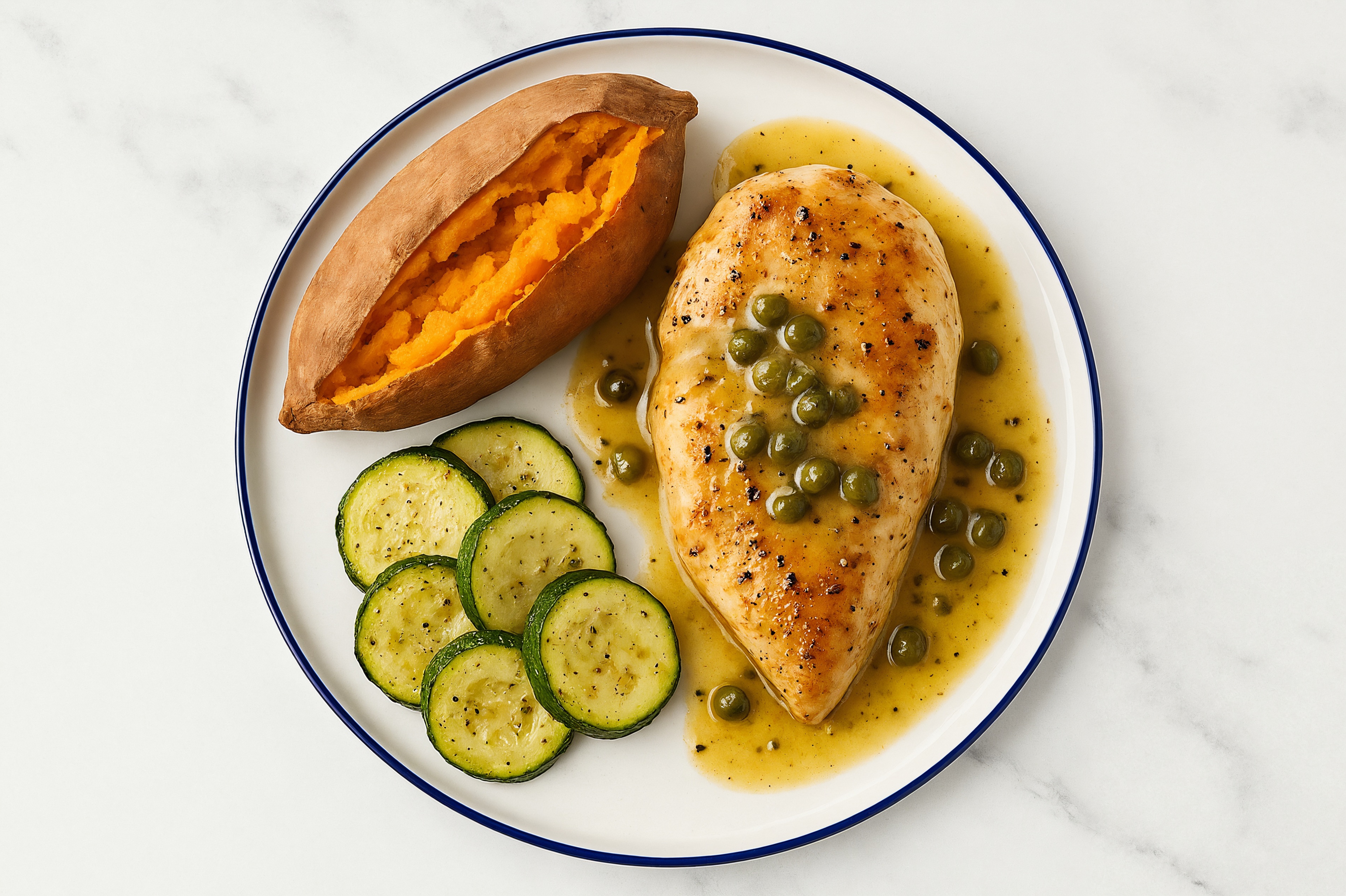 Caper-Slow Churned Lemon & Peppercorn Pasture Butter Chicken Breast with Sweet Potato & Zucchini