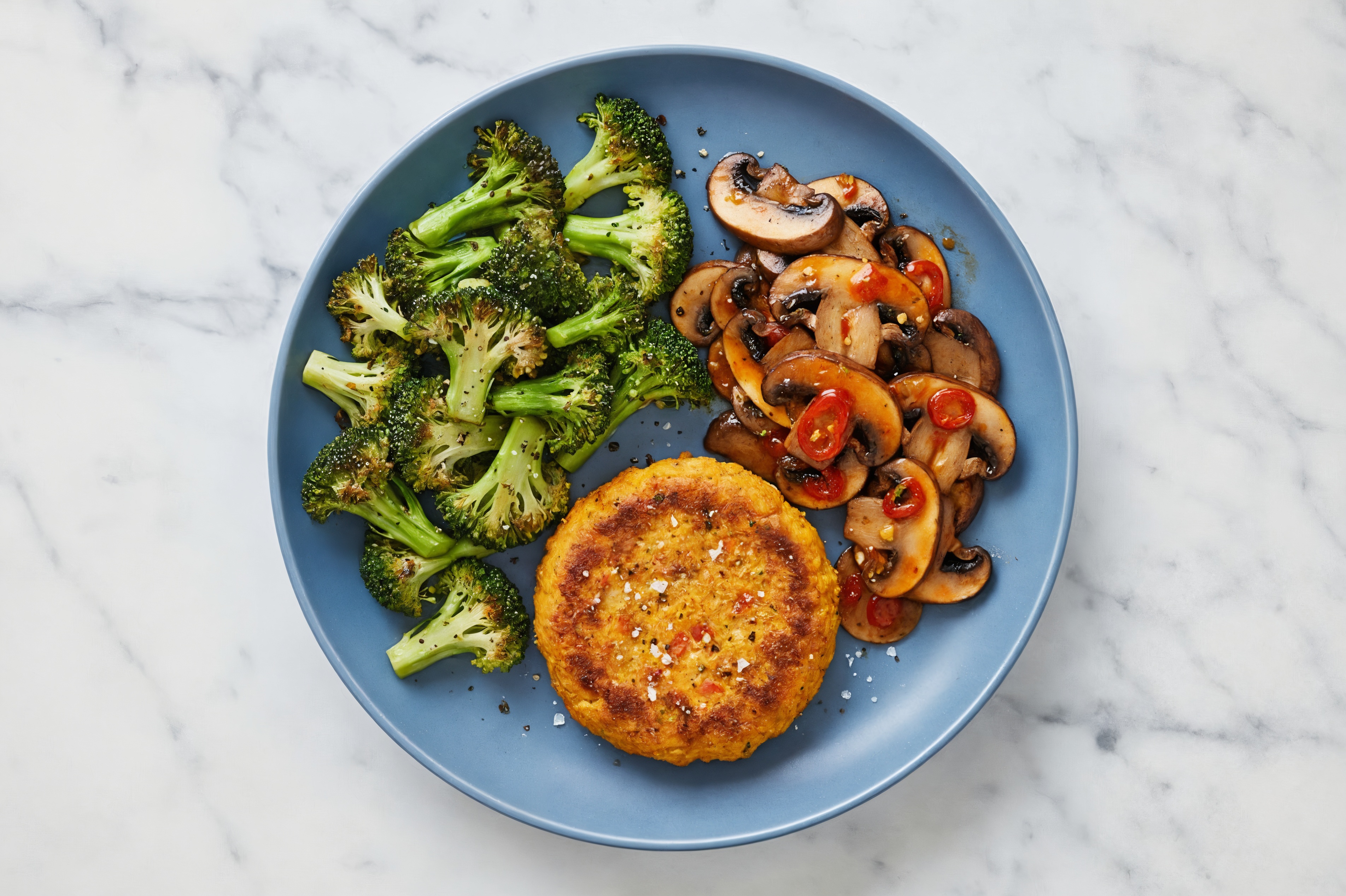 Sweet Potato Patty Plate with Sweet Chili Broccoli + Portabella Mushroom Bowl