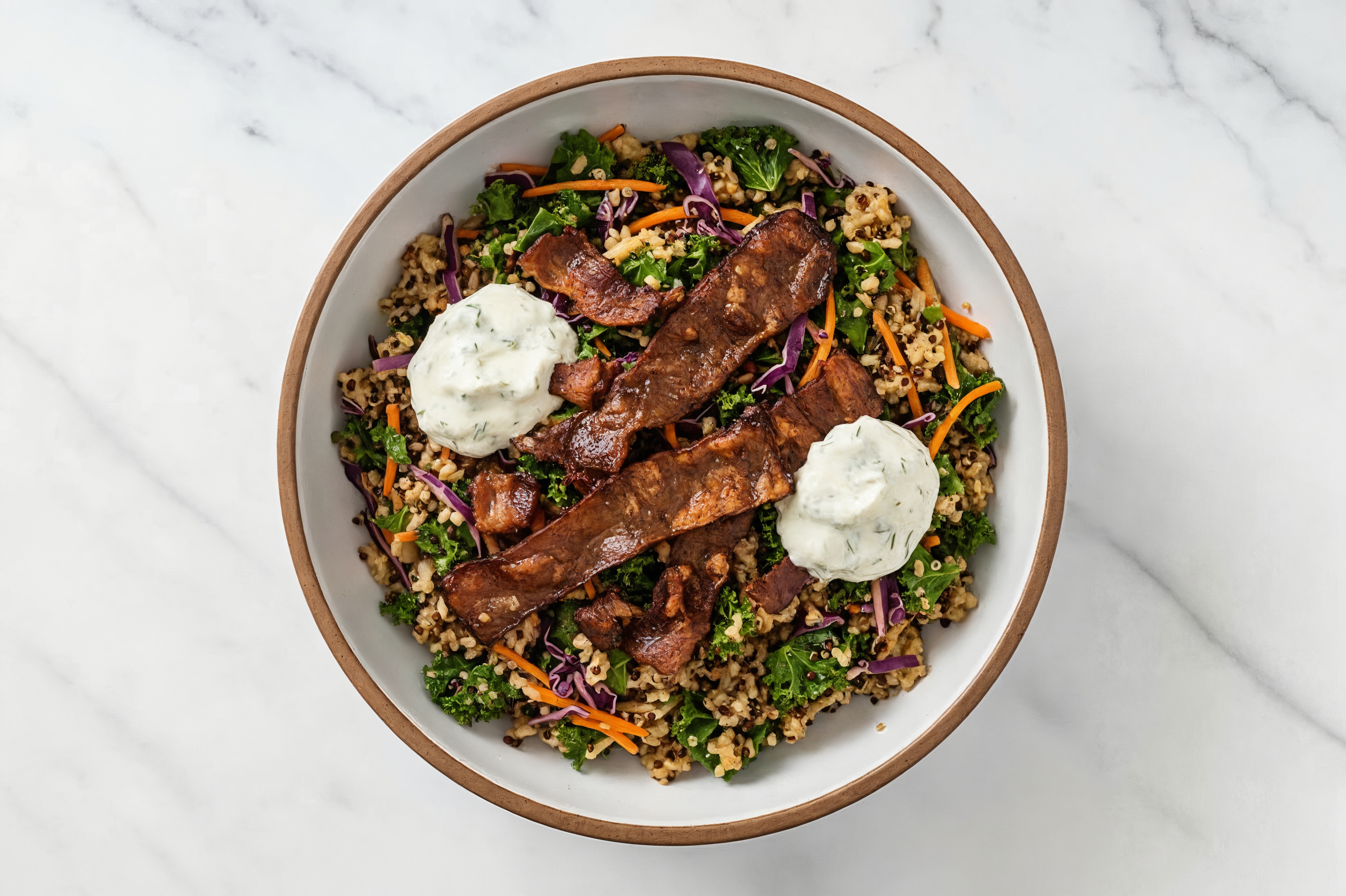 Tzatziki + Zesty Vegan Bacon Rainbow Rice Bowl