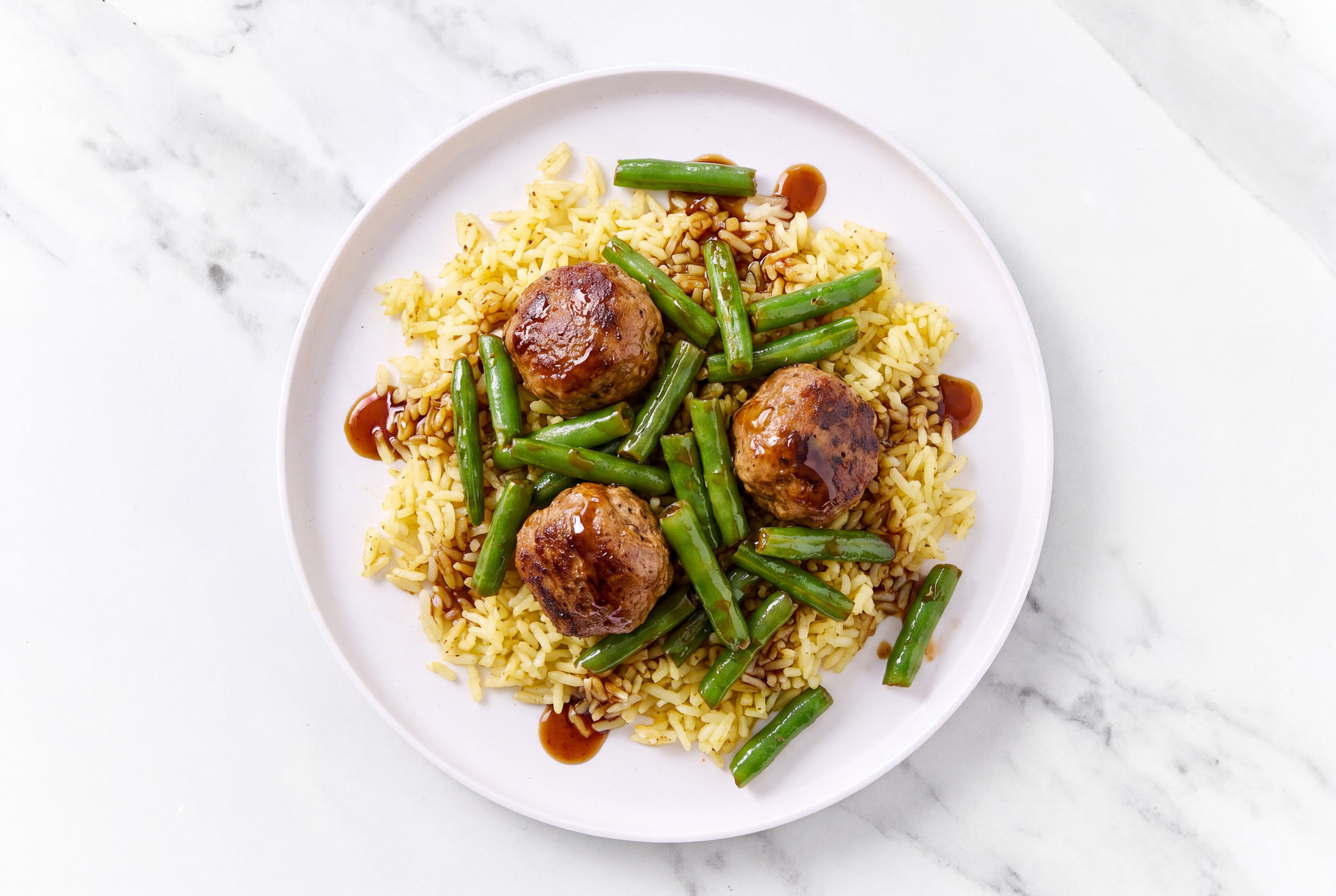 Teriyaki Meatball Stir-Fry with Green Beans over Jasmine Rice