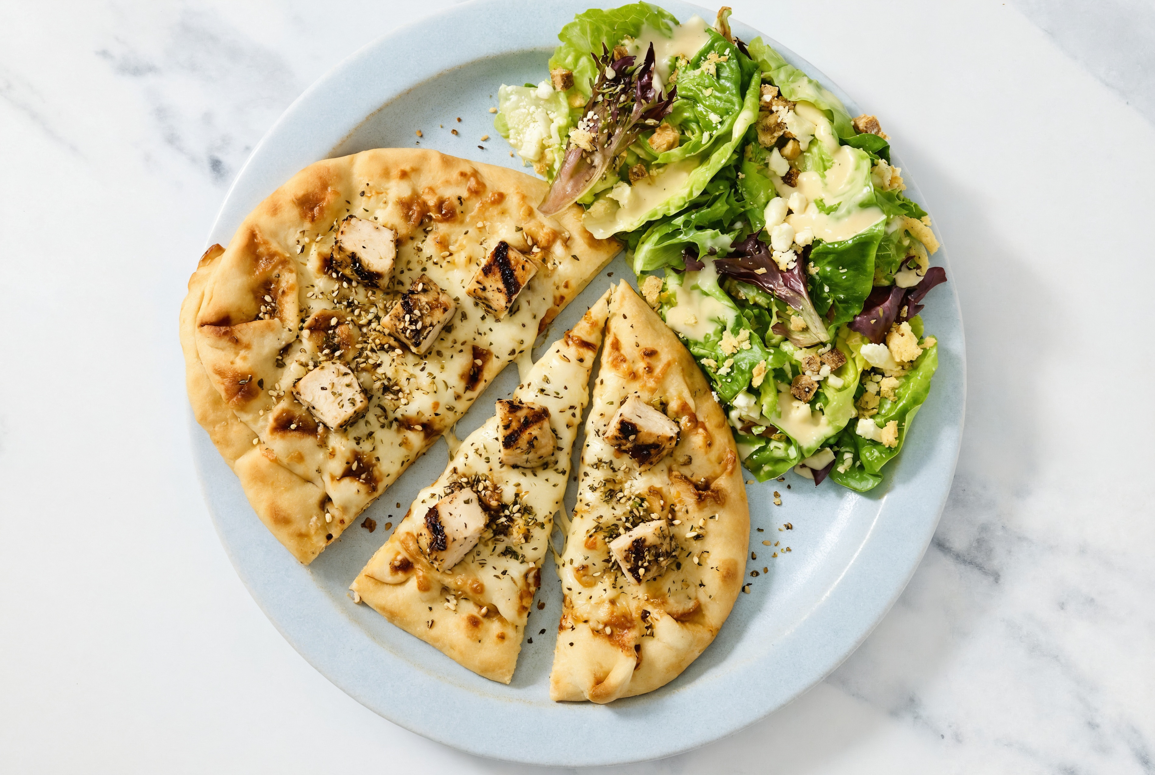 Za'atar Mediterranean Grilled Chicken Breast Cheesy Flatbread with Little Gem Salad