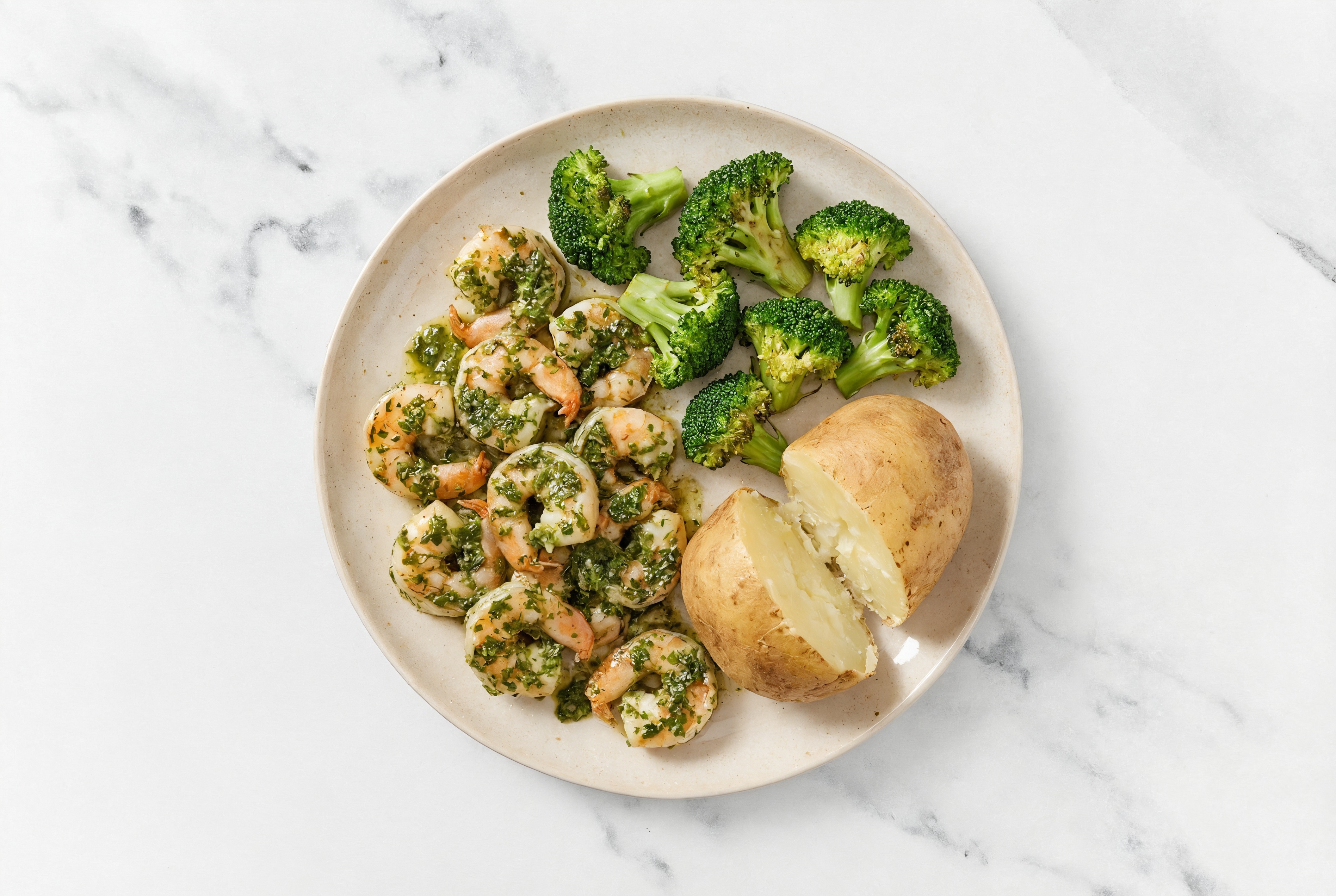 Chimichurri Gulf Shrimp with Broccoli Florets + Russet Potatoes Potato