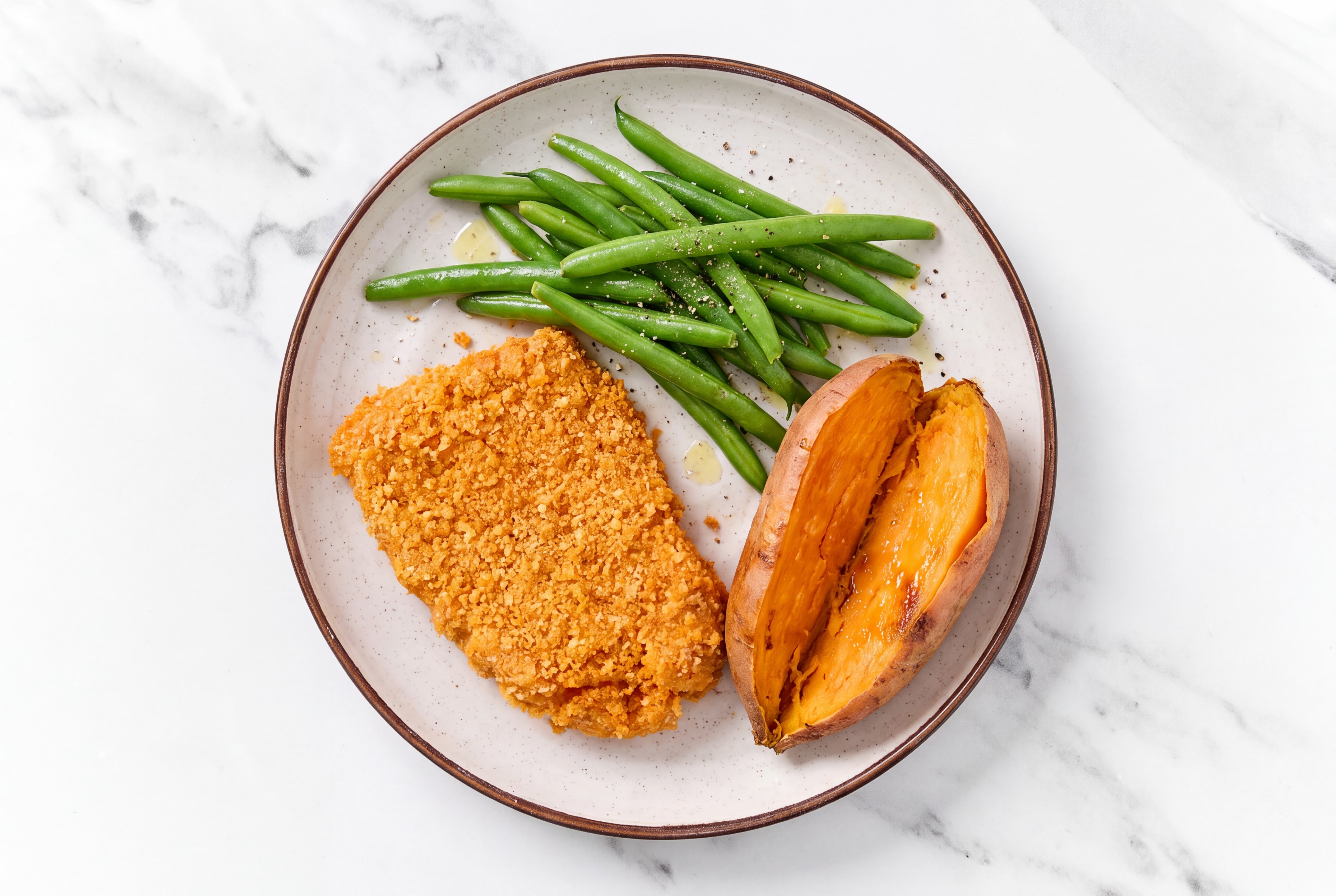 Hot Honey Breaded Chicken Cutlet with Organic Green Beans & Sweet Potato