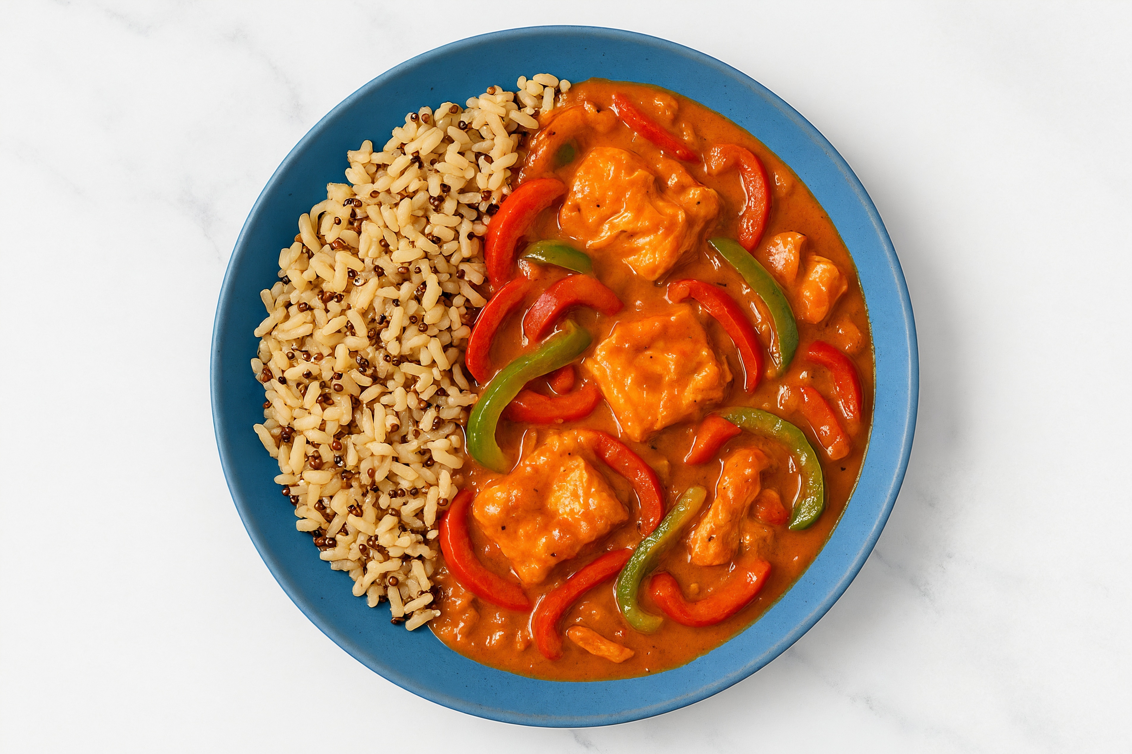Salmon & Tikka Masala Stew with Veggies & Brown Rice with Bell Pepper Onion Saute