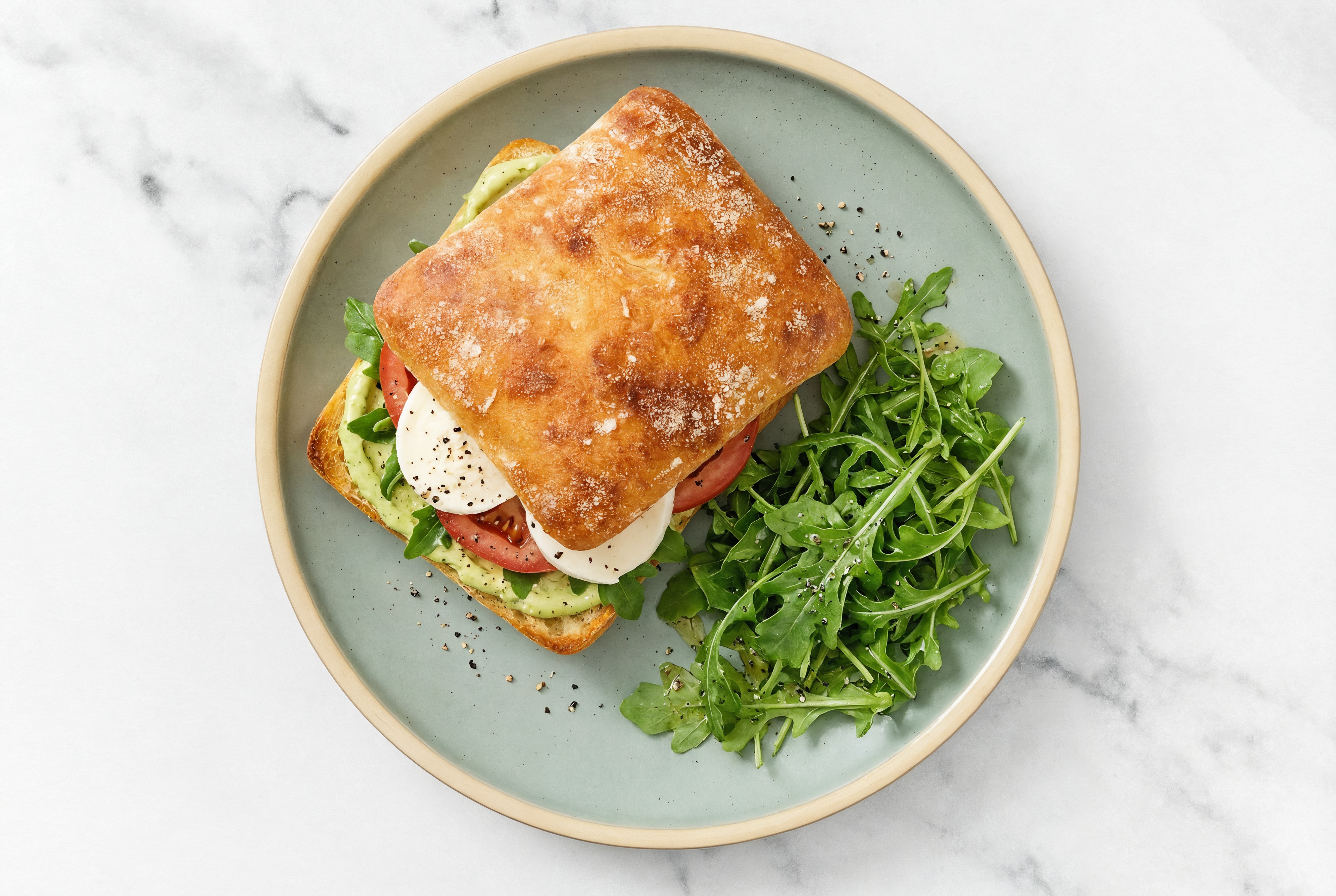 Herby Pesto, Beefsteak Tomato + Mozz Ciabatta Sandwich