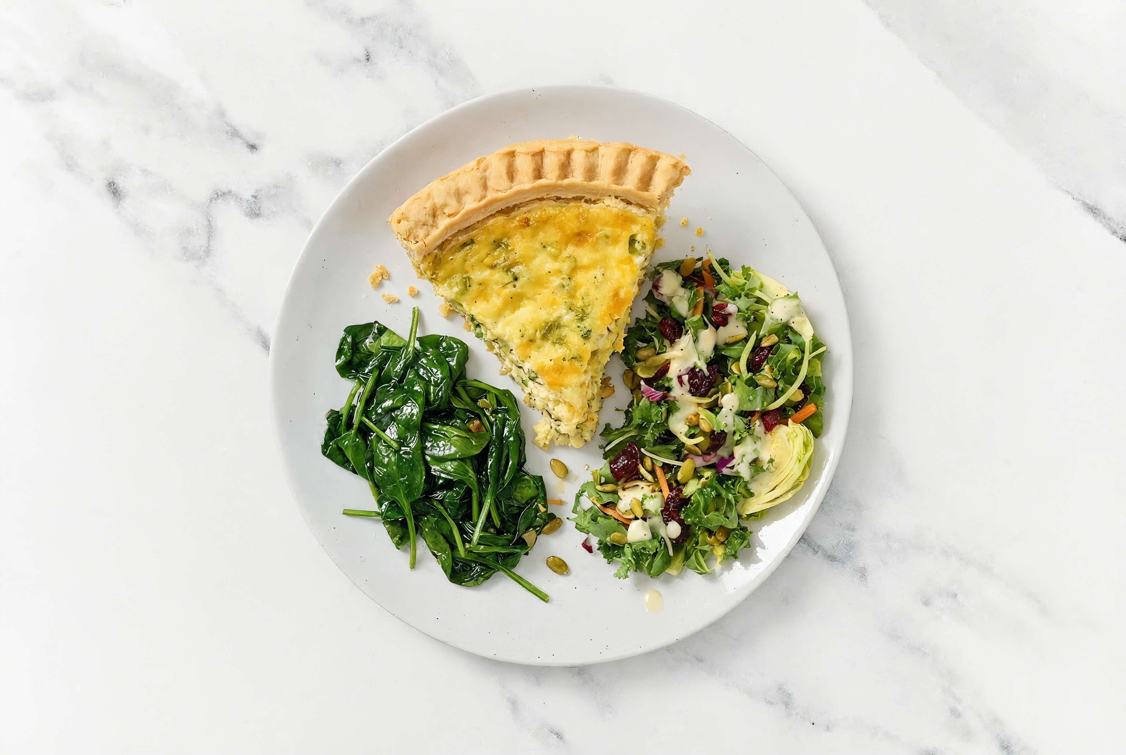 Broccoli & Cheddar Quiche with Baby Spinach & Kale Salad