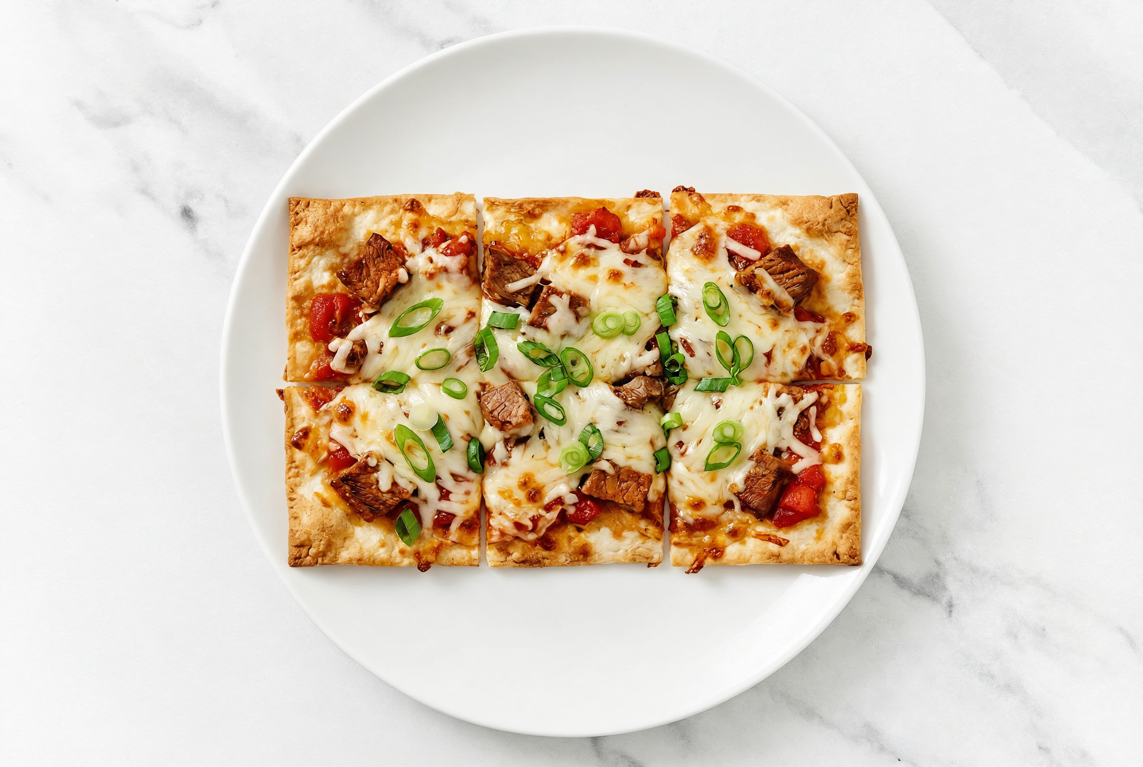 Red Sauce Flank Lavash Pizza with "Mozzarella" + Fresh Scallions