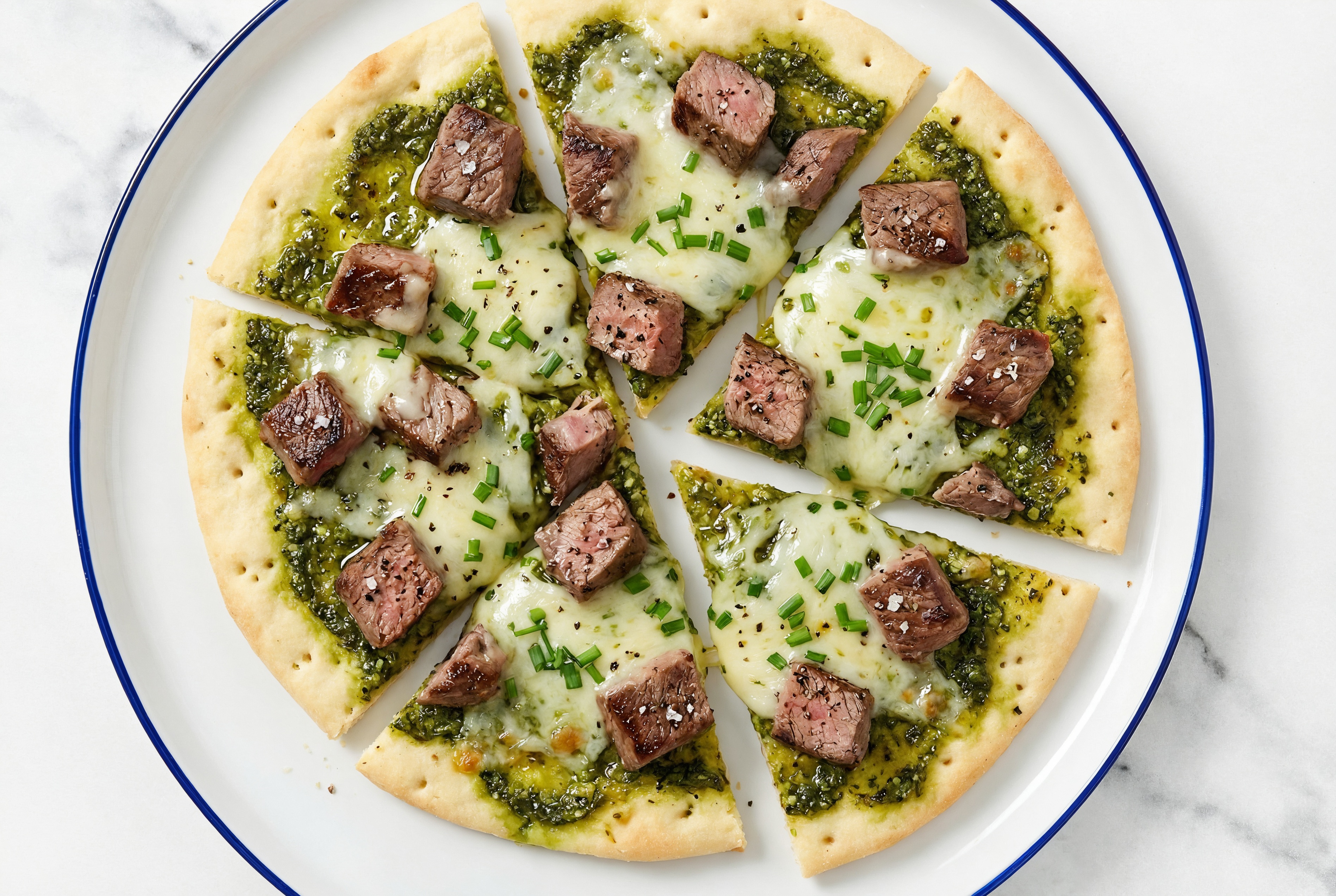 Pesto Filet Mignon Pizza with Mild Havarti + Fresh Chives