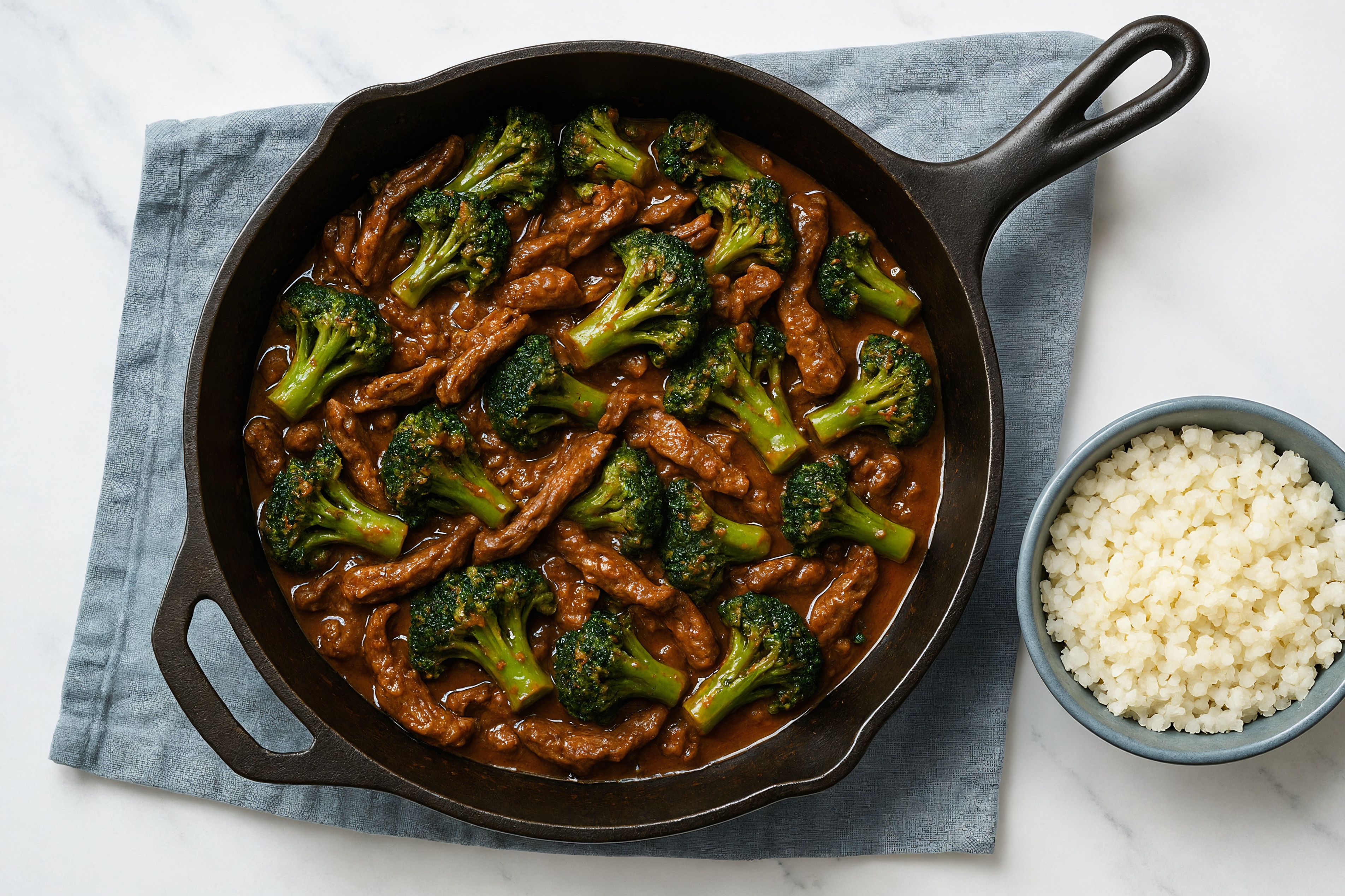 Spicy Vindaloo Beef Strip Stir-Fry with Baby Broccoli over Riced Cauliflower