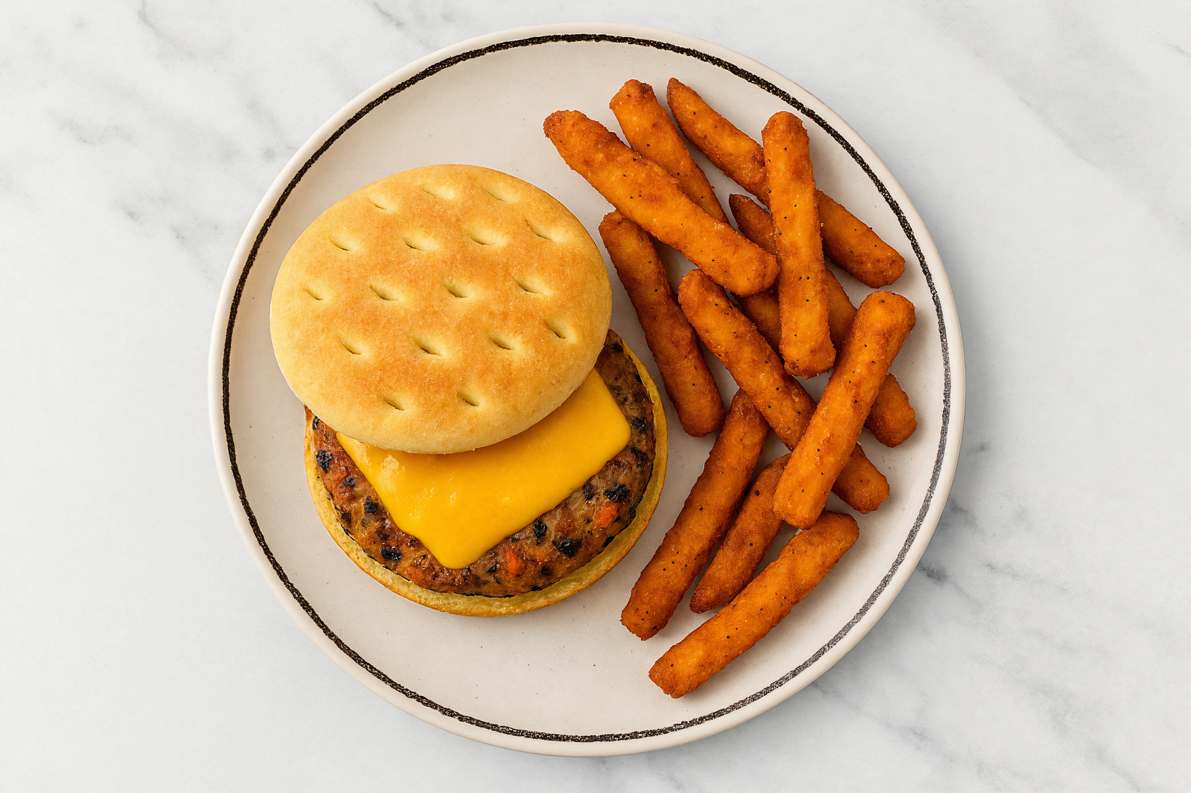 Classic Cheesy Veggie Black Bean Burger Patties with Sweet Potato Fries