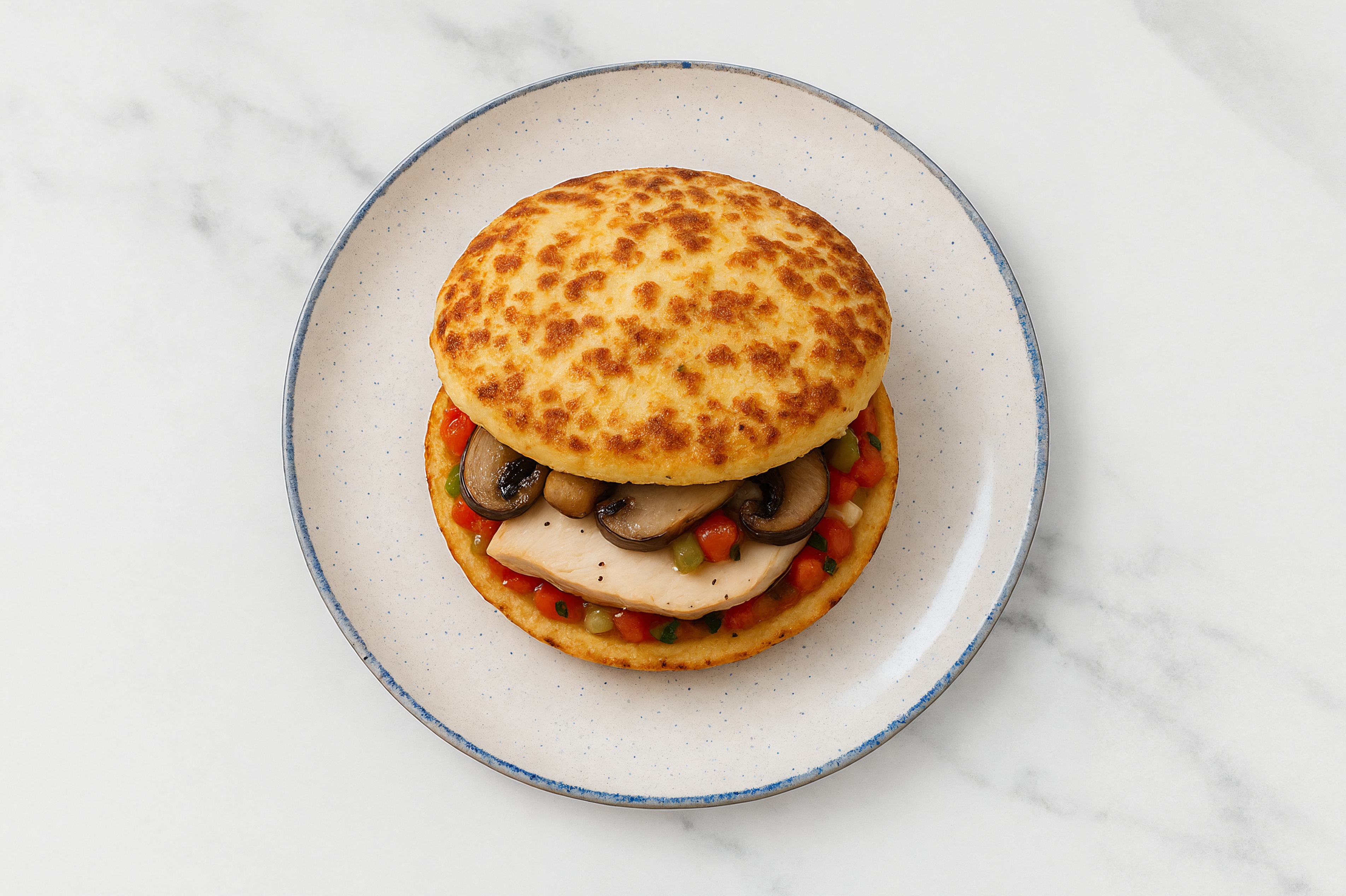 Mexican Roasted Chicken Sandwich with Portabellas on Cauliflower Rounds