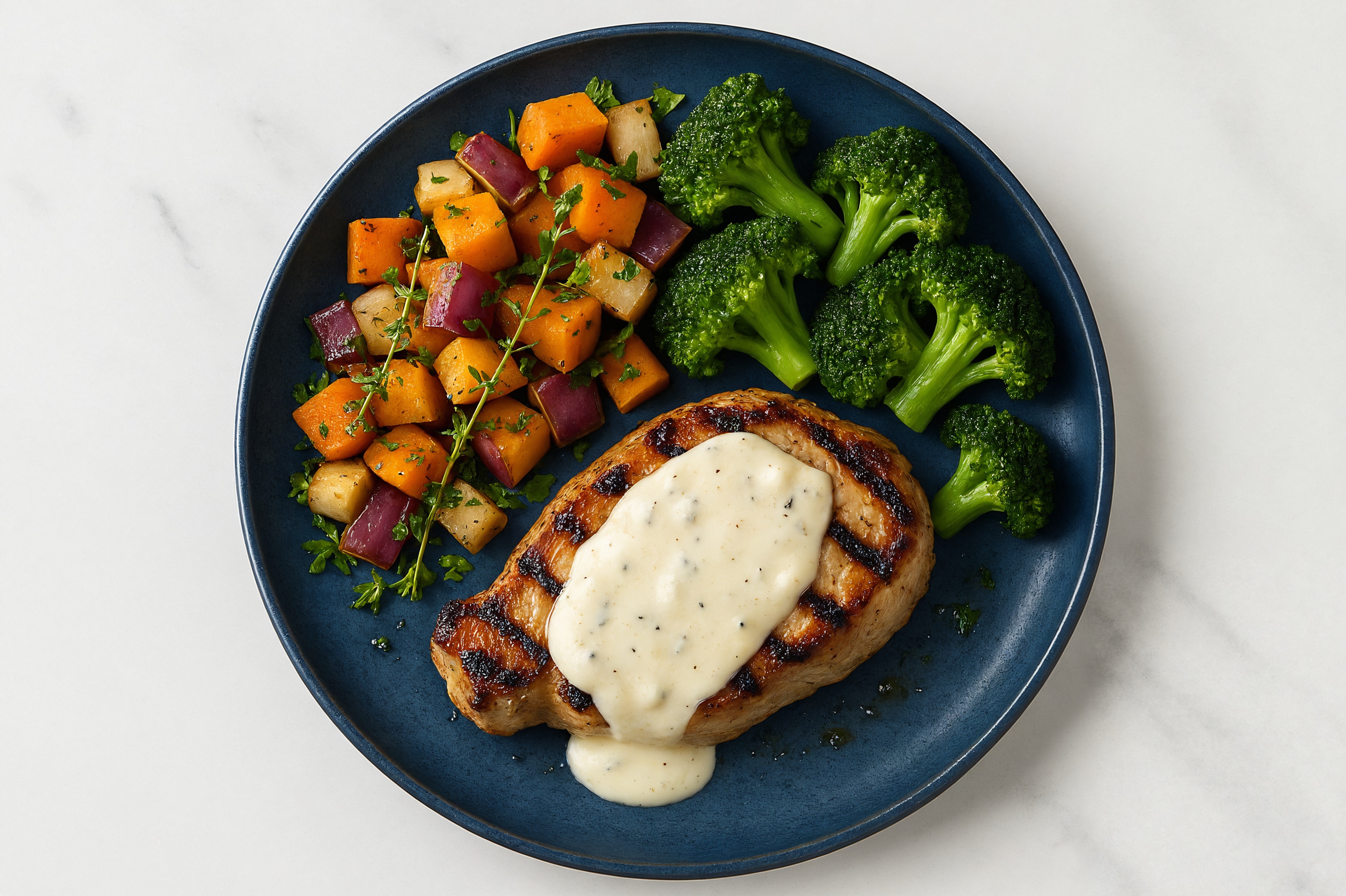 Creamy Parmesan Smothered Pork Chops with Broccoli & Roasted Vegetables
