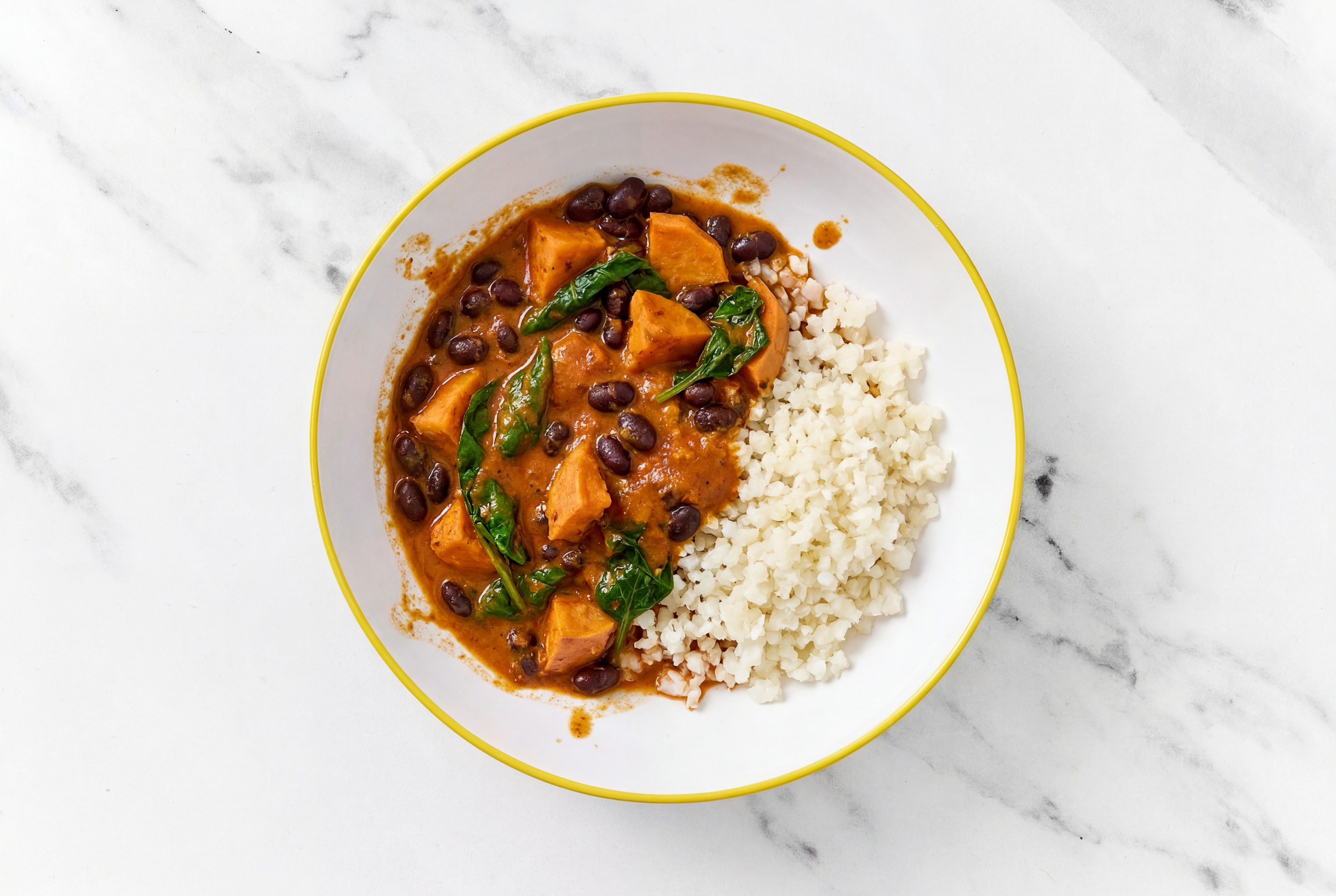Japanese Sweet Potato Black Bean Tikka with Spinach + Cauliflower Rice