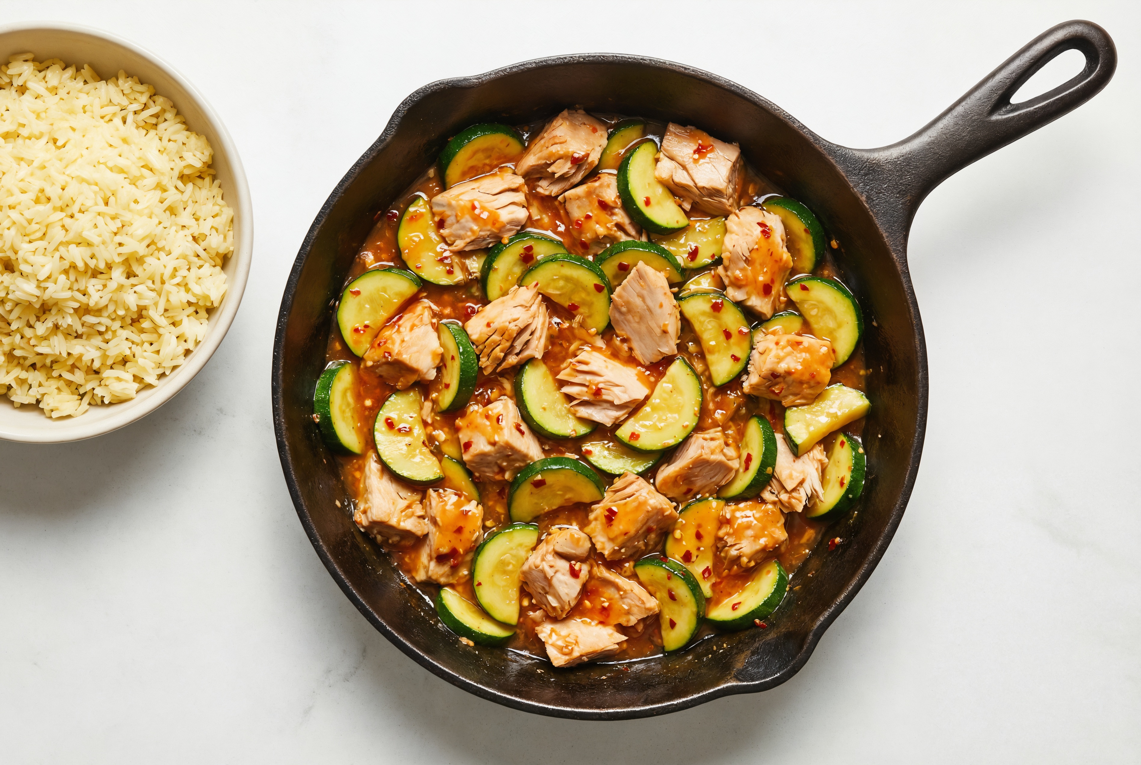 Sweet Chili Albacore Tuna Stir-Fry with Zucchini over Jasmine Rice