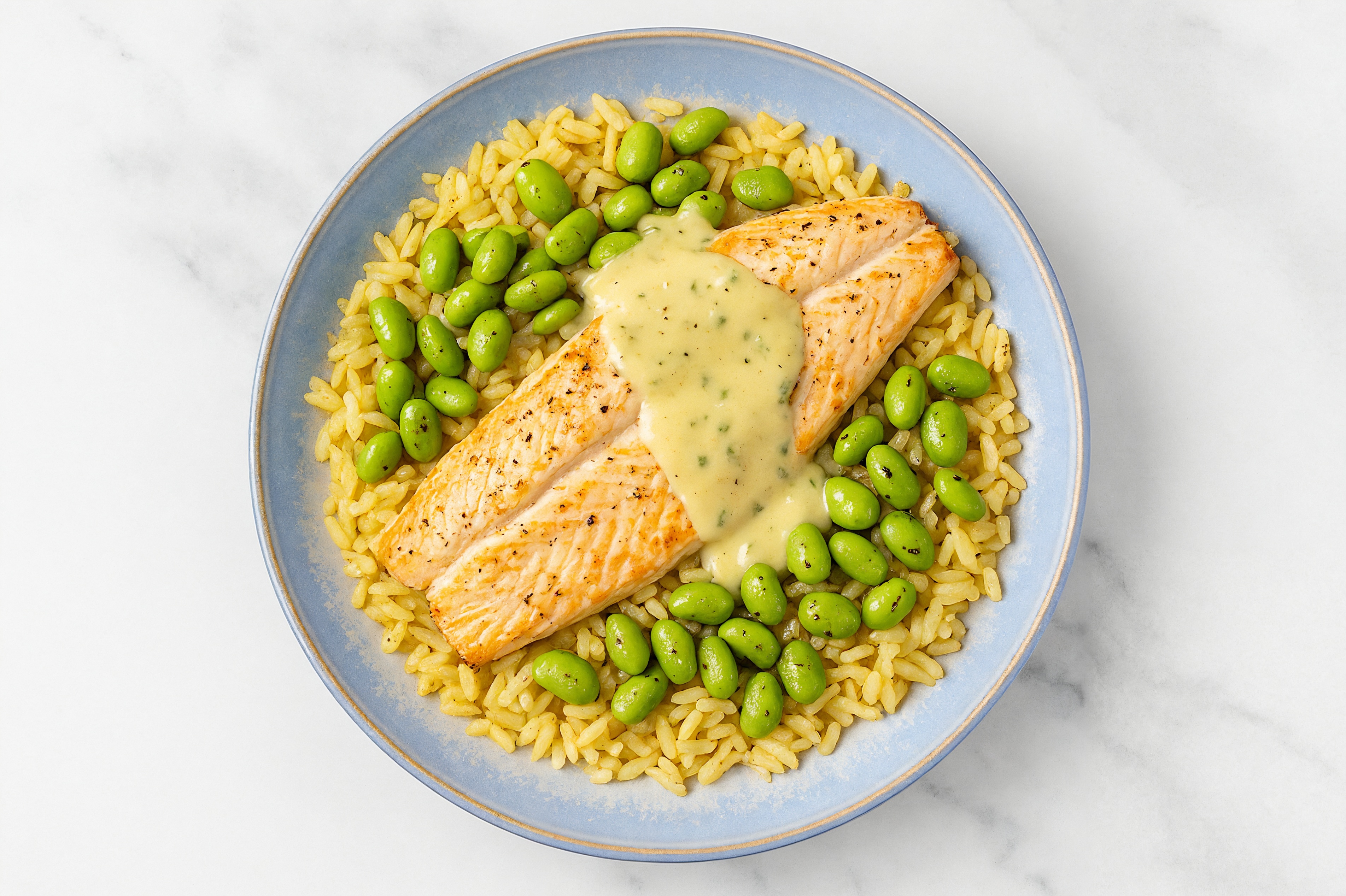 Herby Tahini Trout + Jasmine Rice Bowl with Edamame