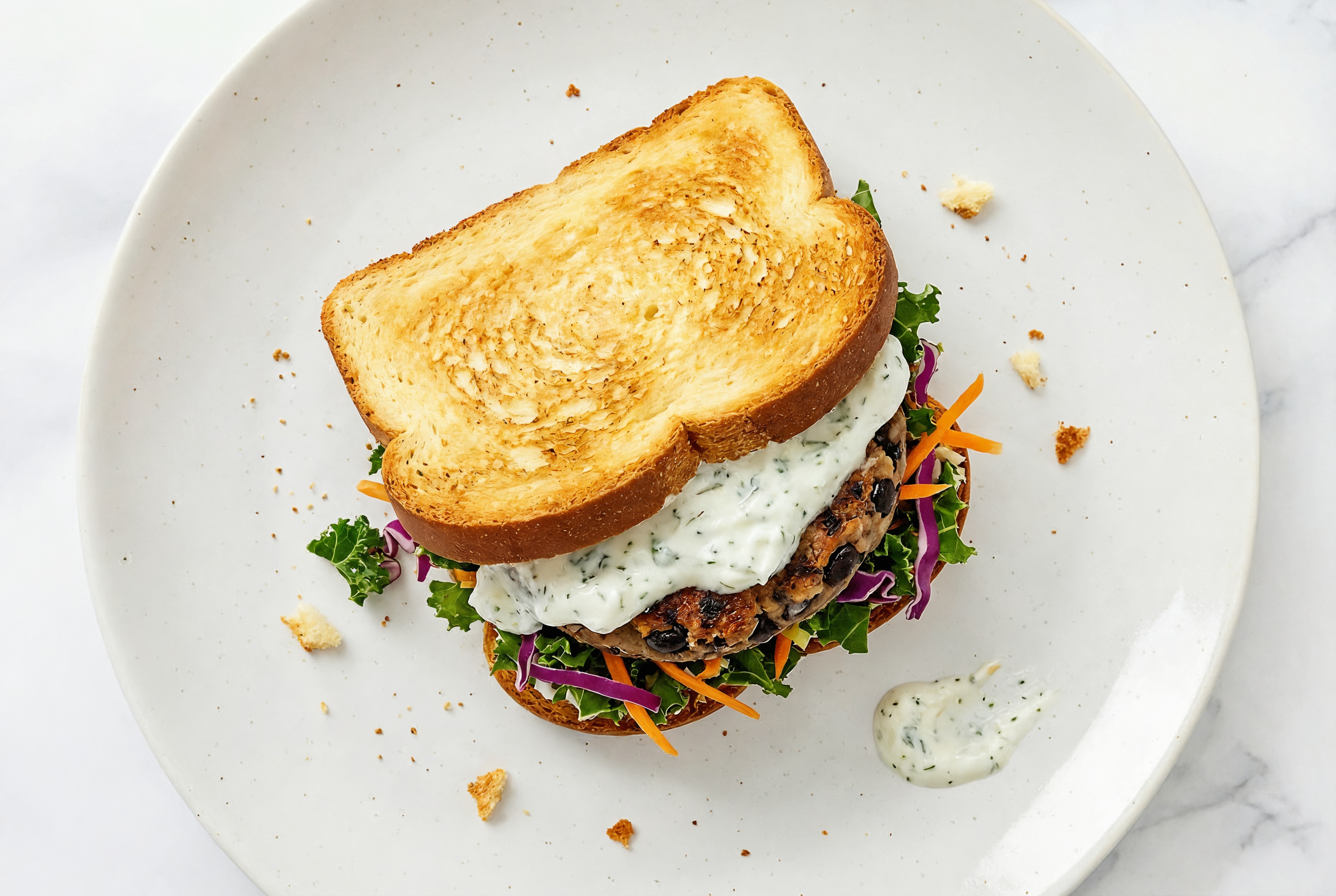 Rainbow Veggie Black Bean Burger on GF Bread with Cucumber Tzatziki
