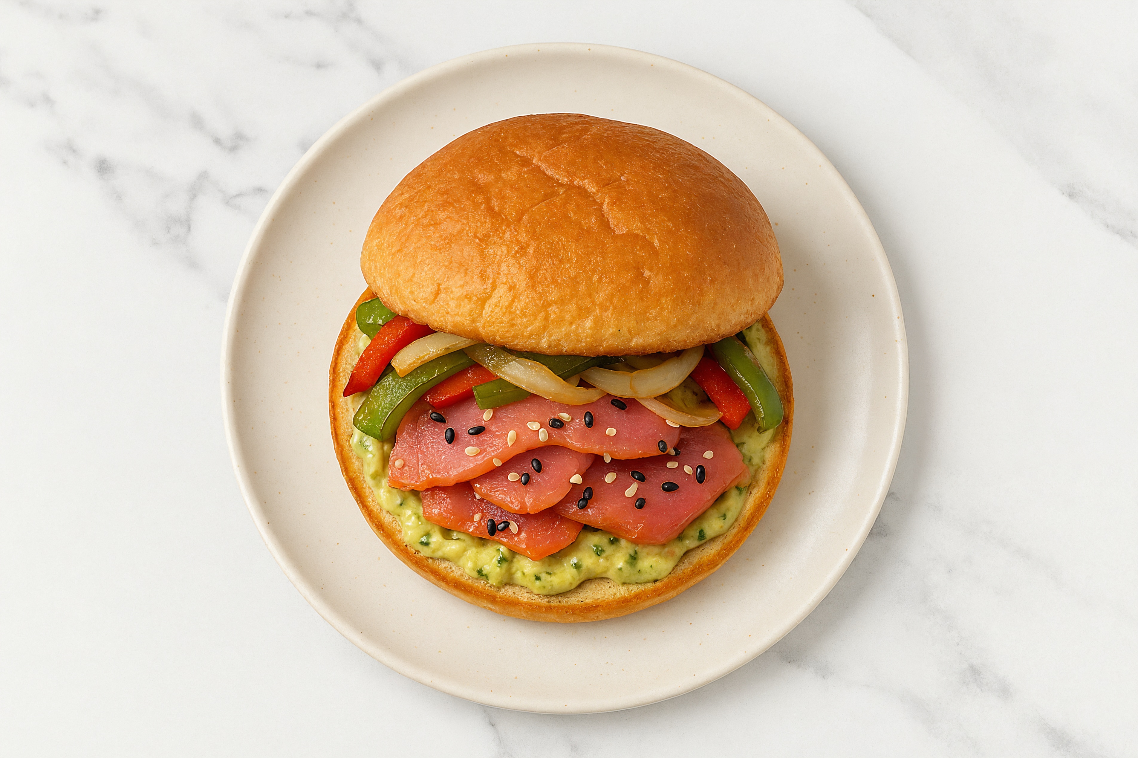 Creamy Artichoke Smoked Tuna Sandwich with Peppers + Onion on Gluten-Free Buns