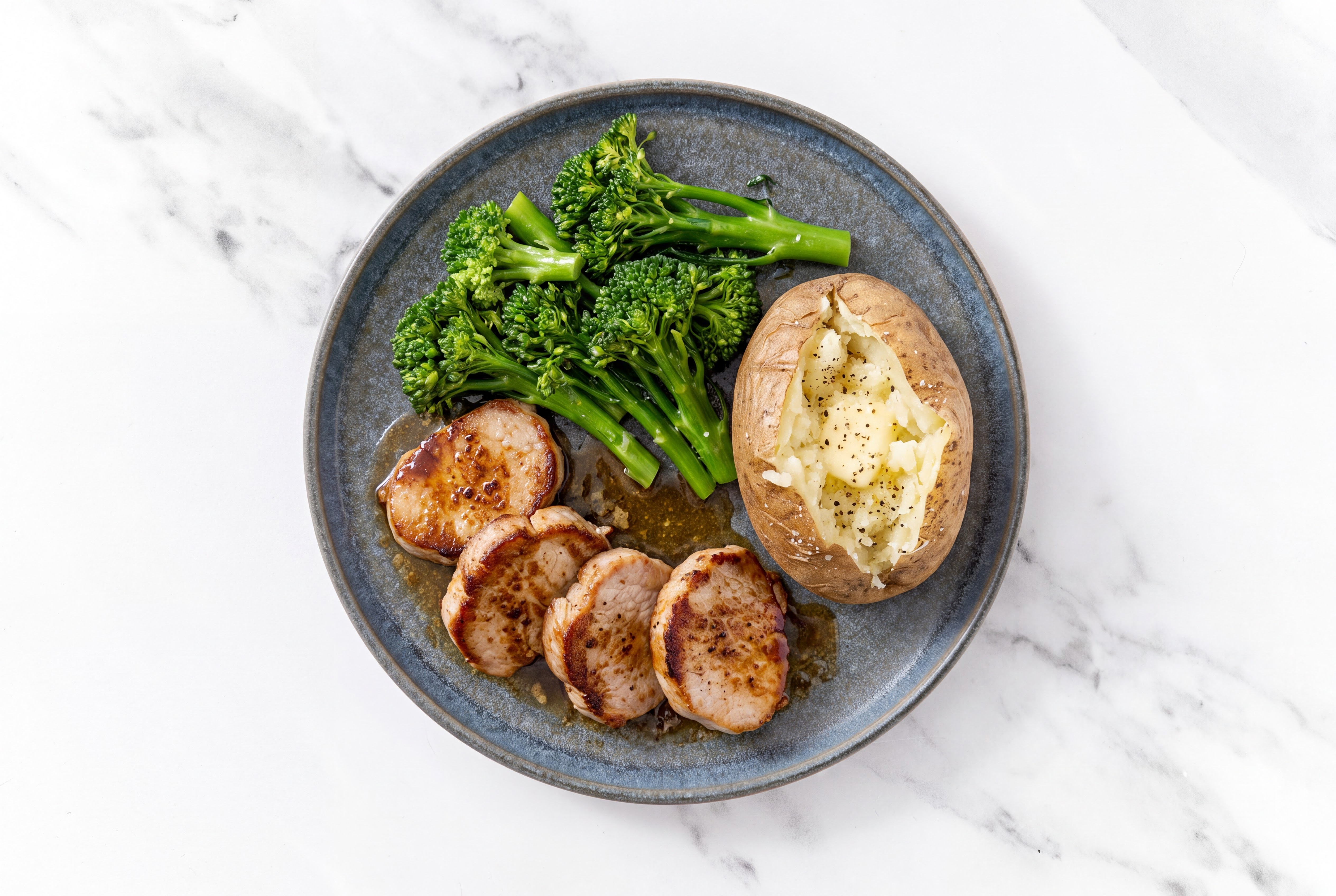 Pork Tenderloin with Baked Potatoes + Broccoli