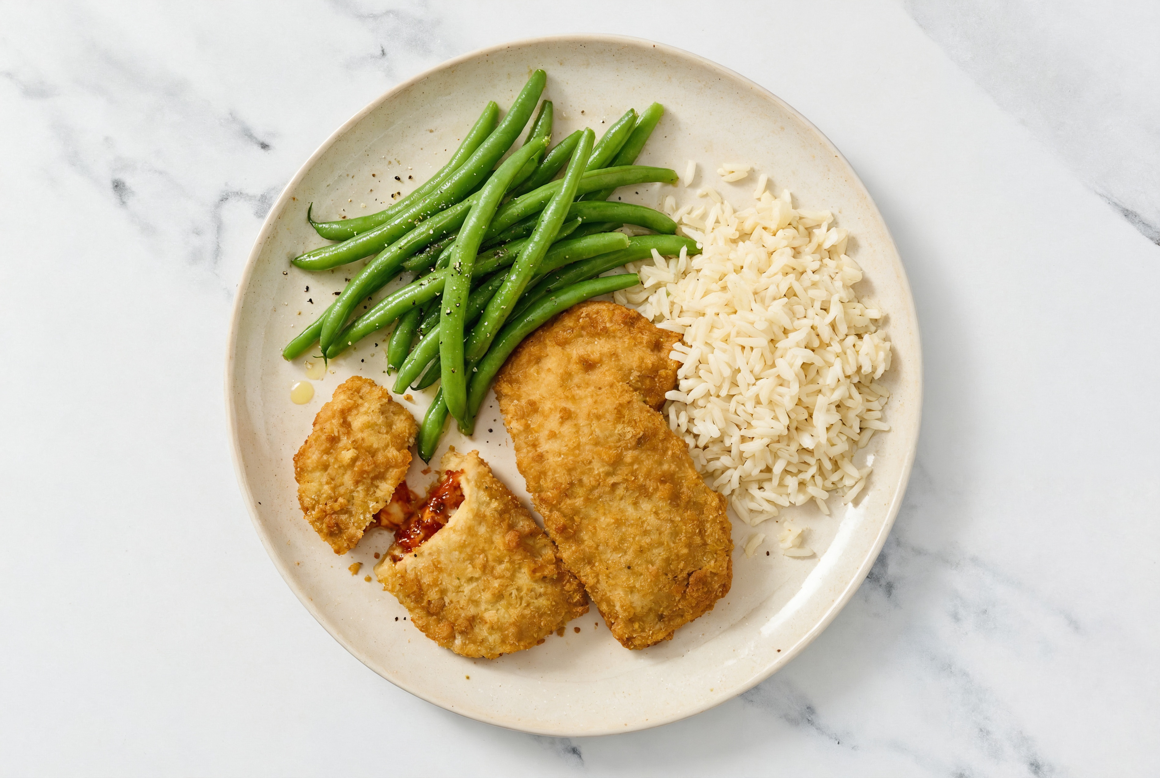 "Chicken" Parm with Green Beans & White Rice