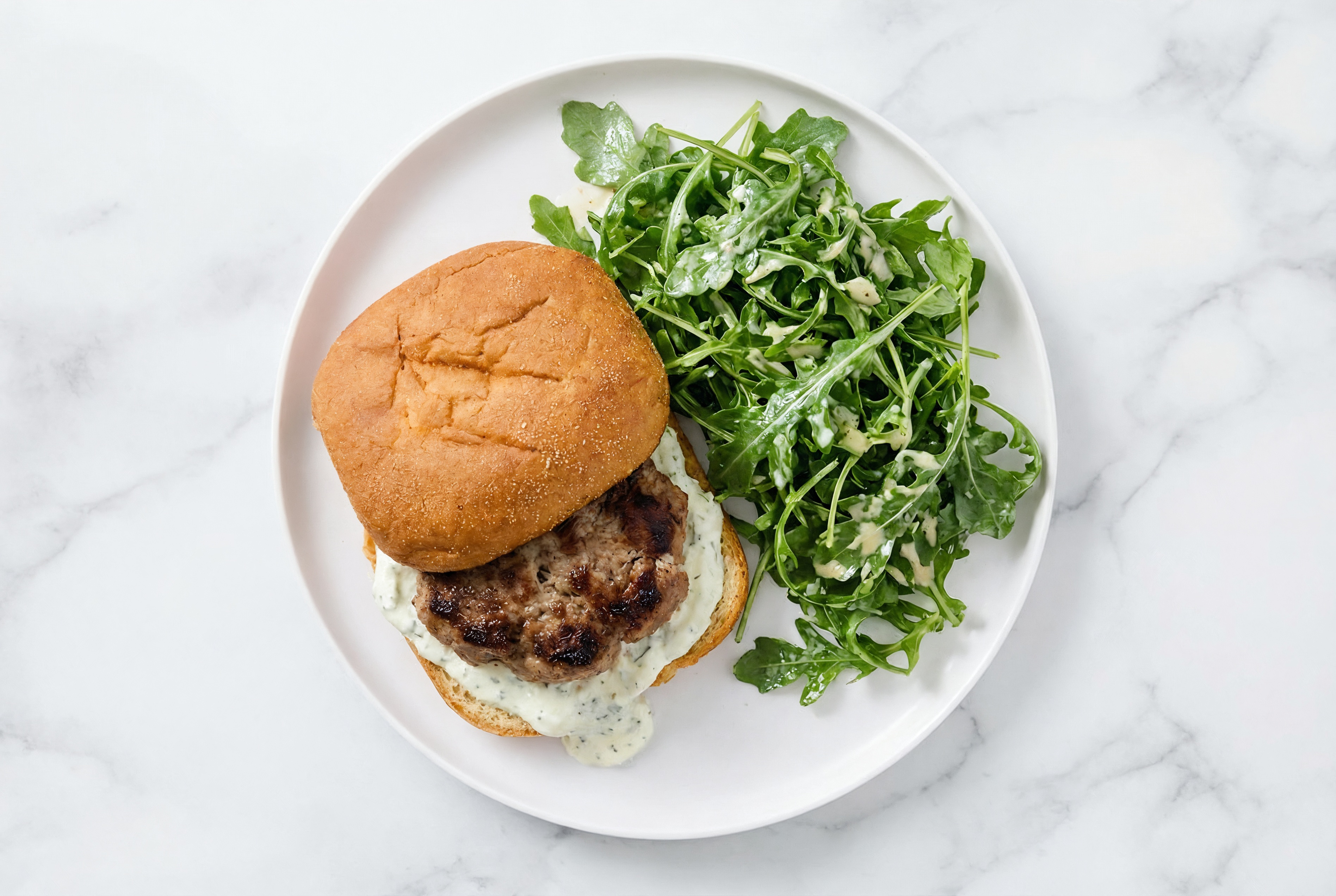 Tzatziki Lamb Burger + Arugula Salad