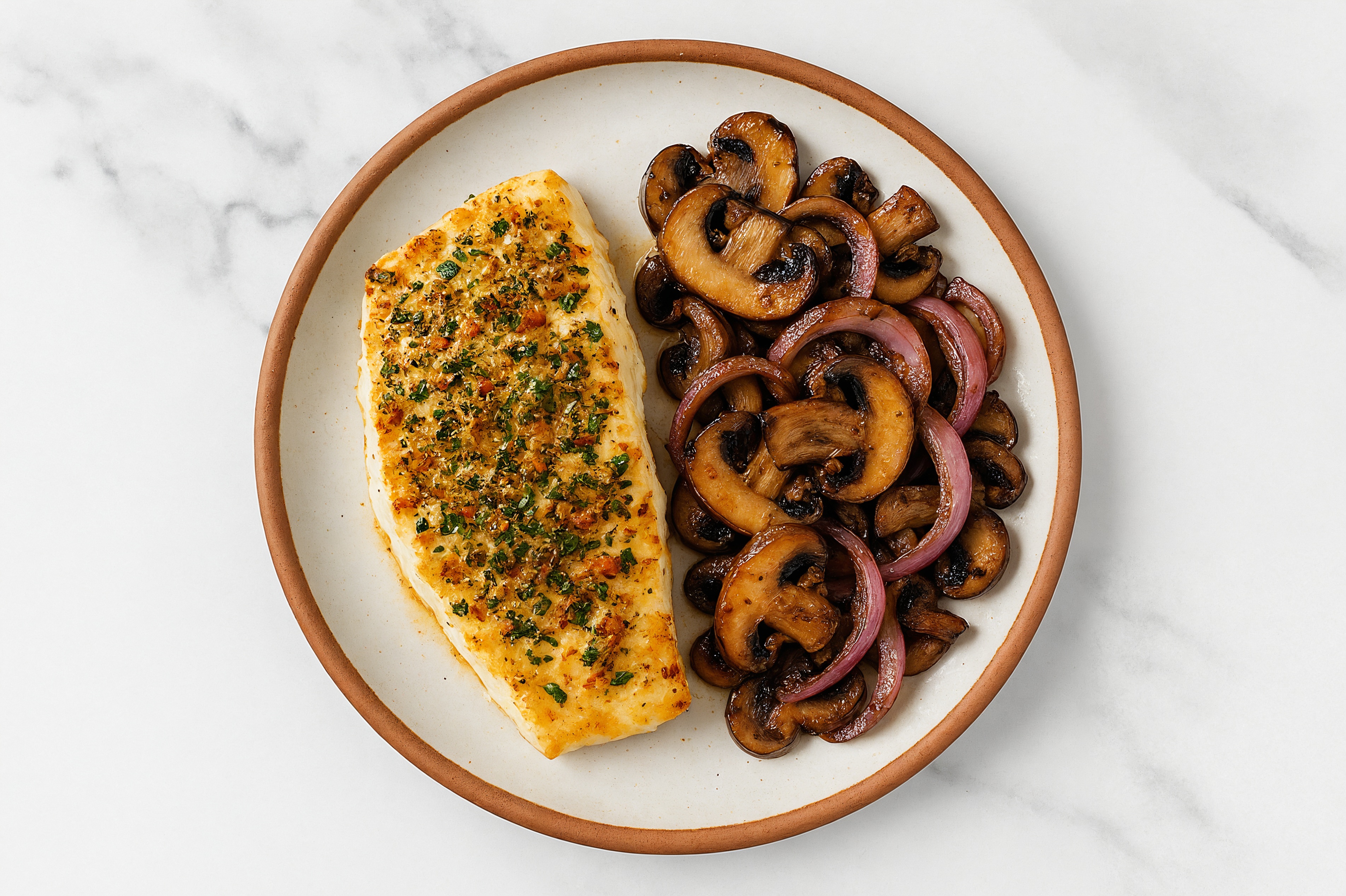 Garlic Herb Wild Halibut + Savory Sautéed Mushrooms
