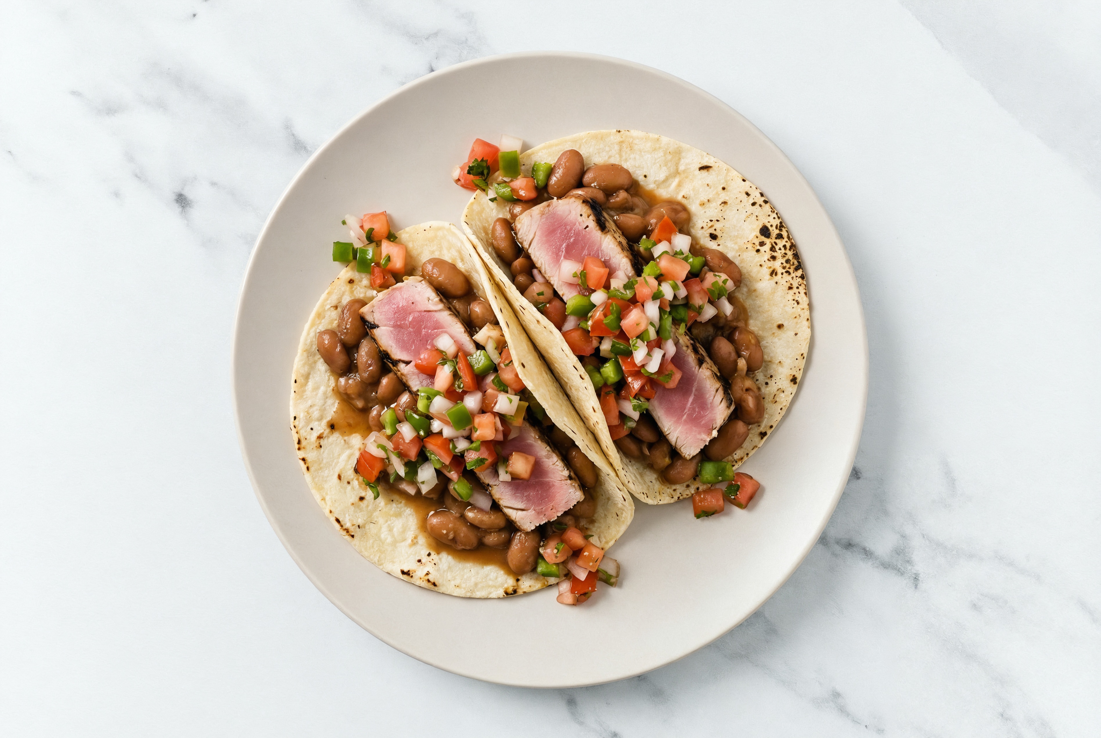 Hearty Cowboy Bean Tacos with Seared Tuna & Fresh Salsa