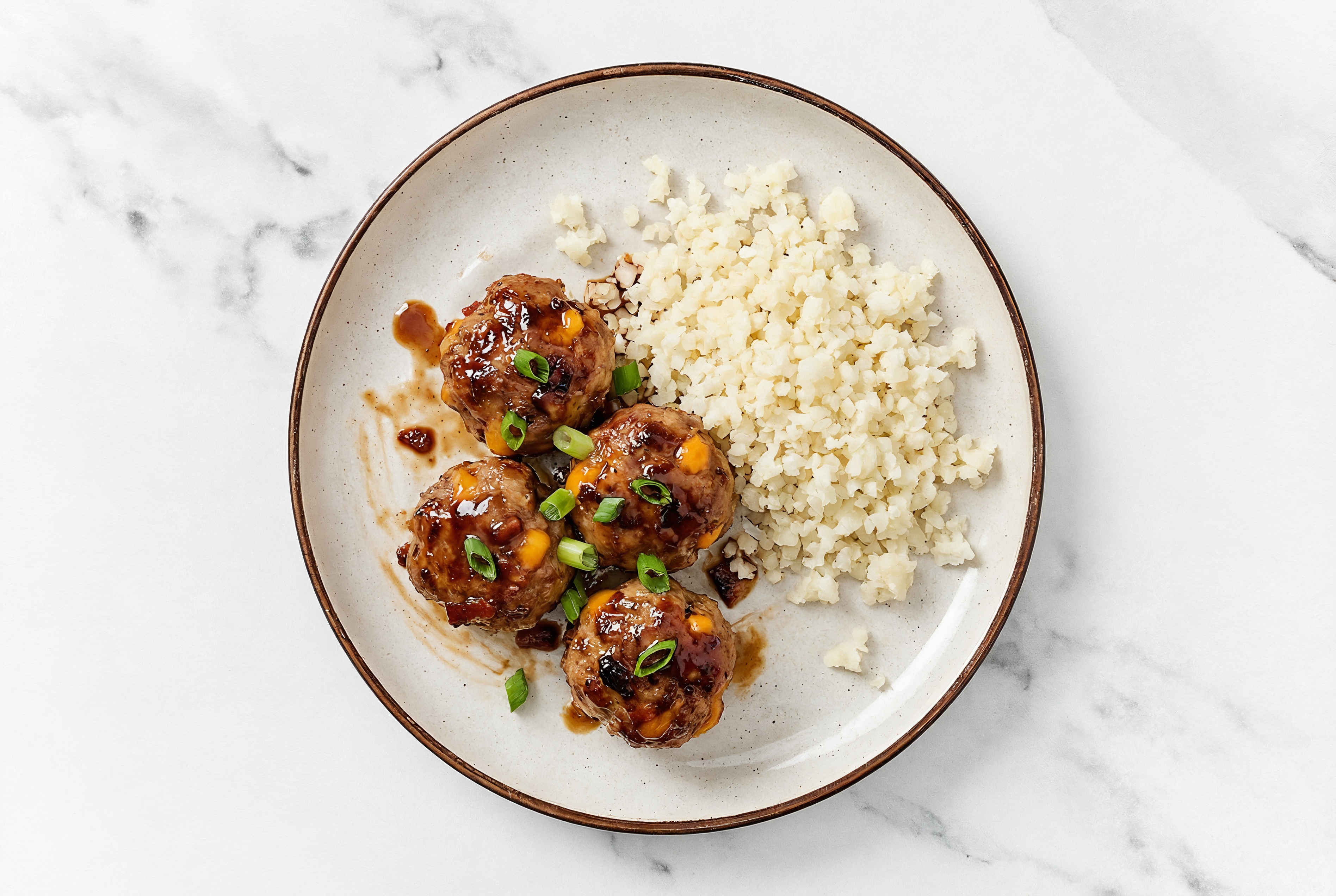Teriyaki Bacon + Cheddar Beef Burger Meatballs + Cauliflower Rice