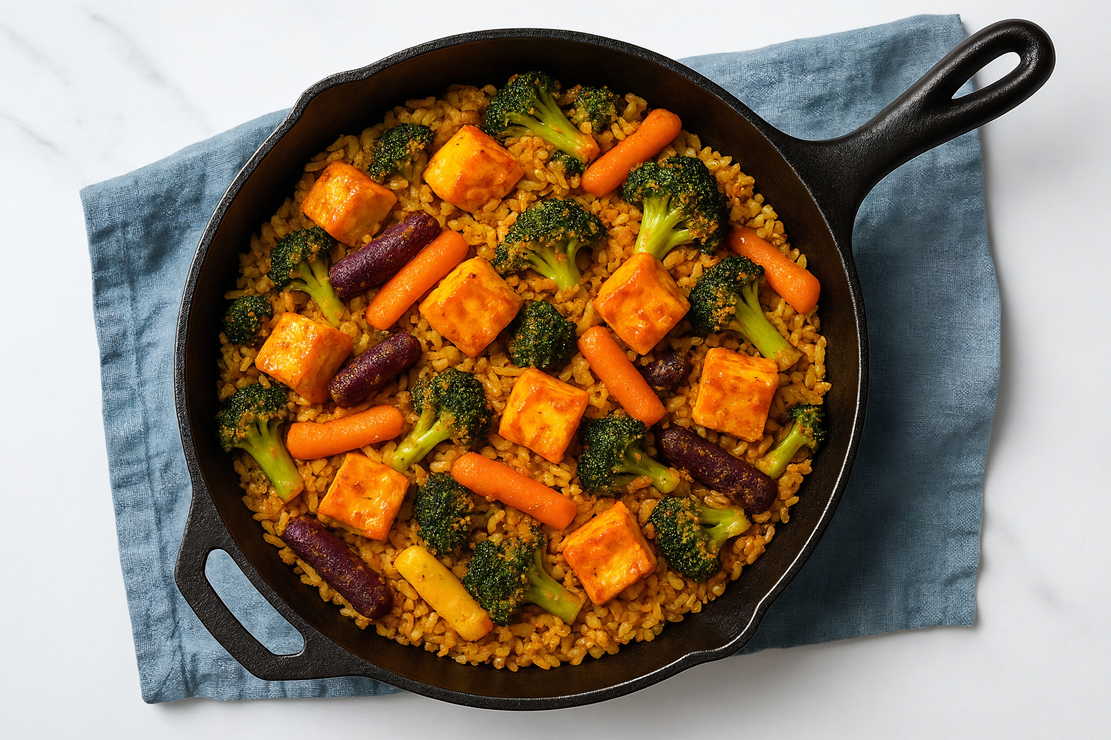 Paneer in Peppery Sauce with Broccoli + Carrots over Seasoned Jasmine Rice