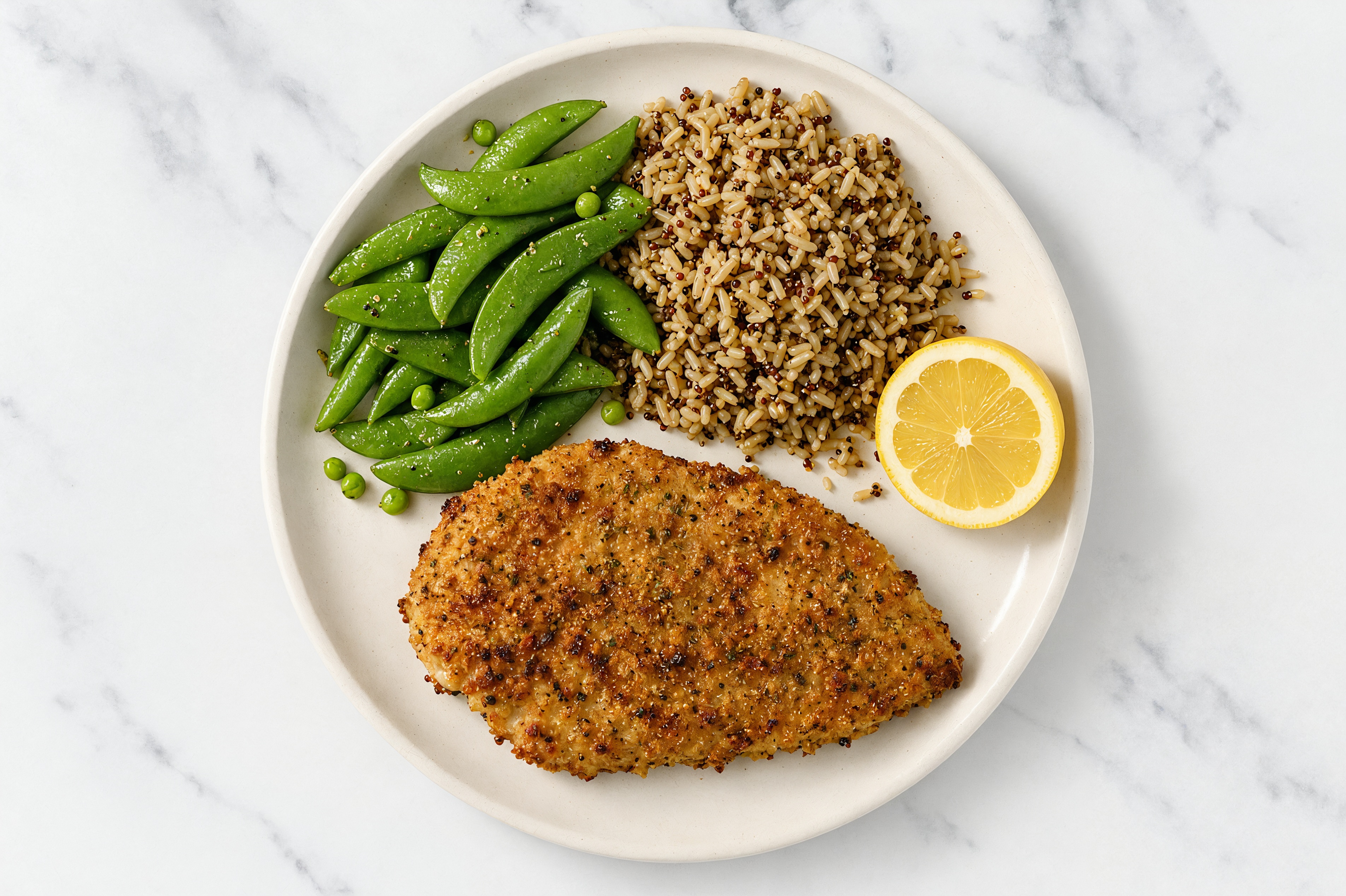 Lemon Parmesan Breaded Chicken Cutlet with Snap Peas & Brown Rice