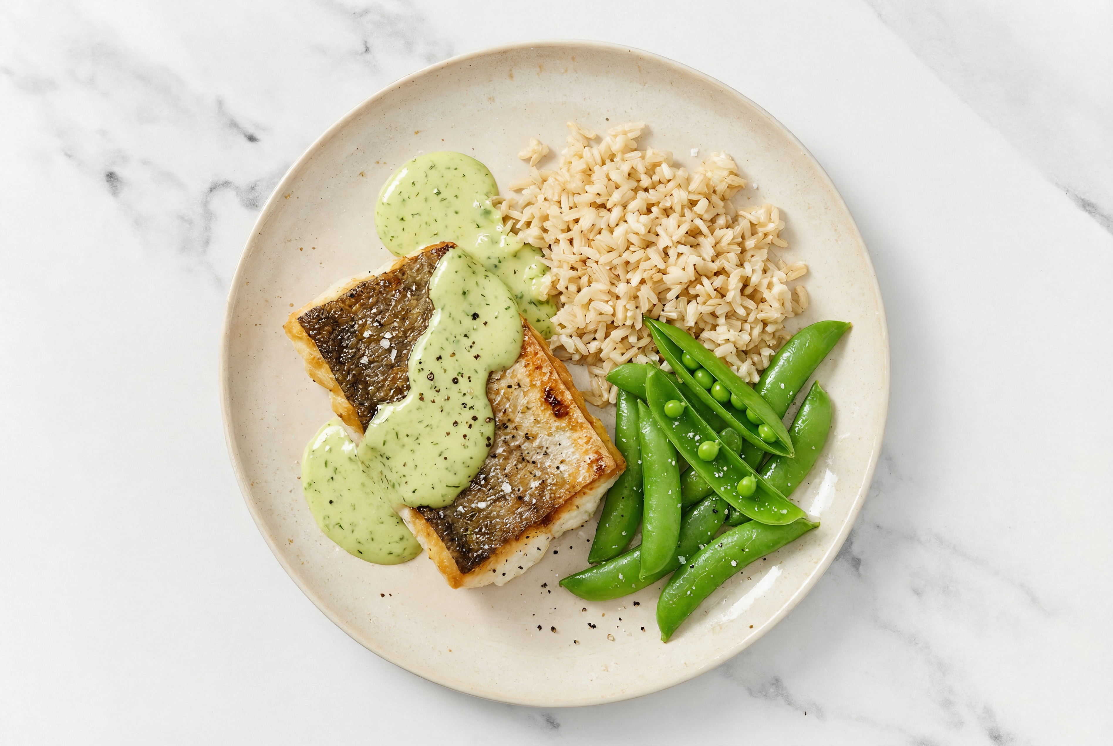 Green Goddess Barramundi with Brown Rice + Snap Peas
