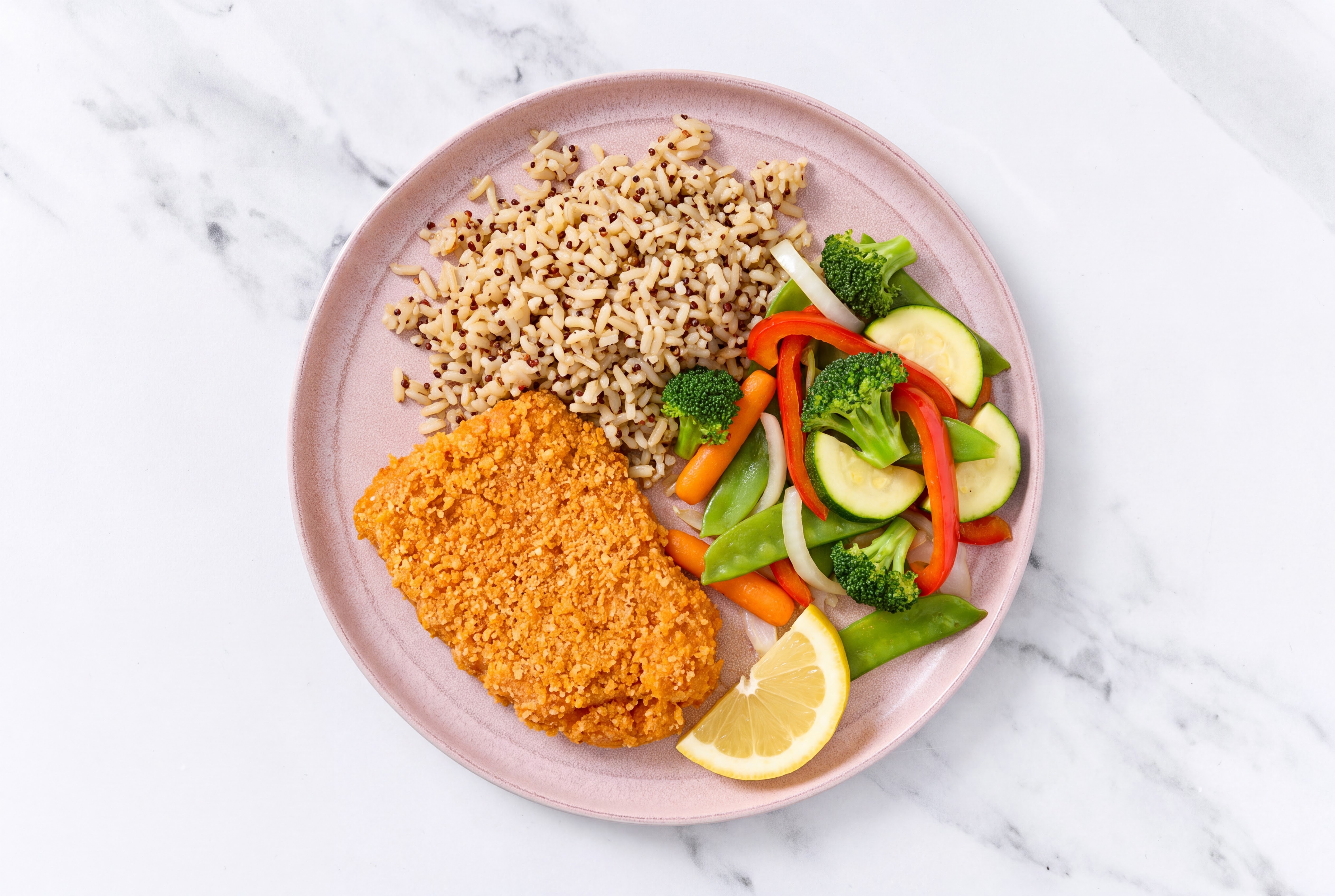 Lemon Hot Honey Breaded Chicken Cutlet with Mixed Veggies & Brown Rice