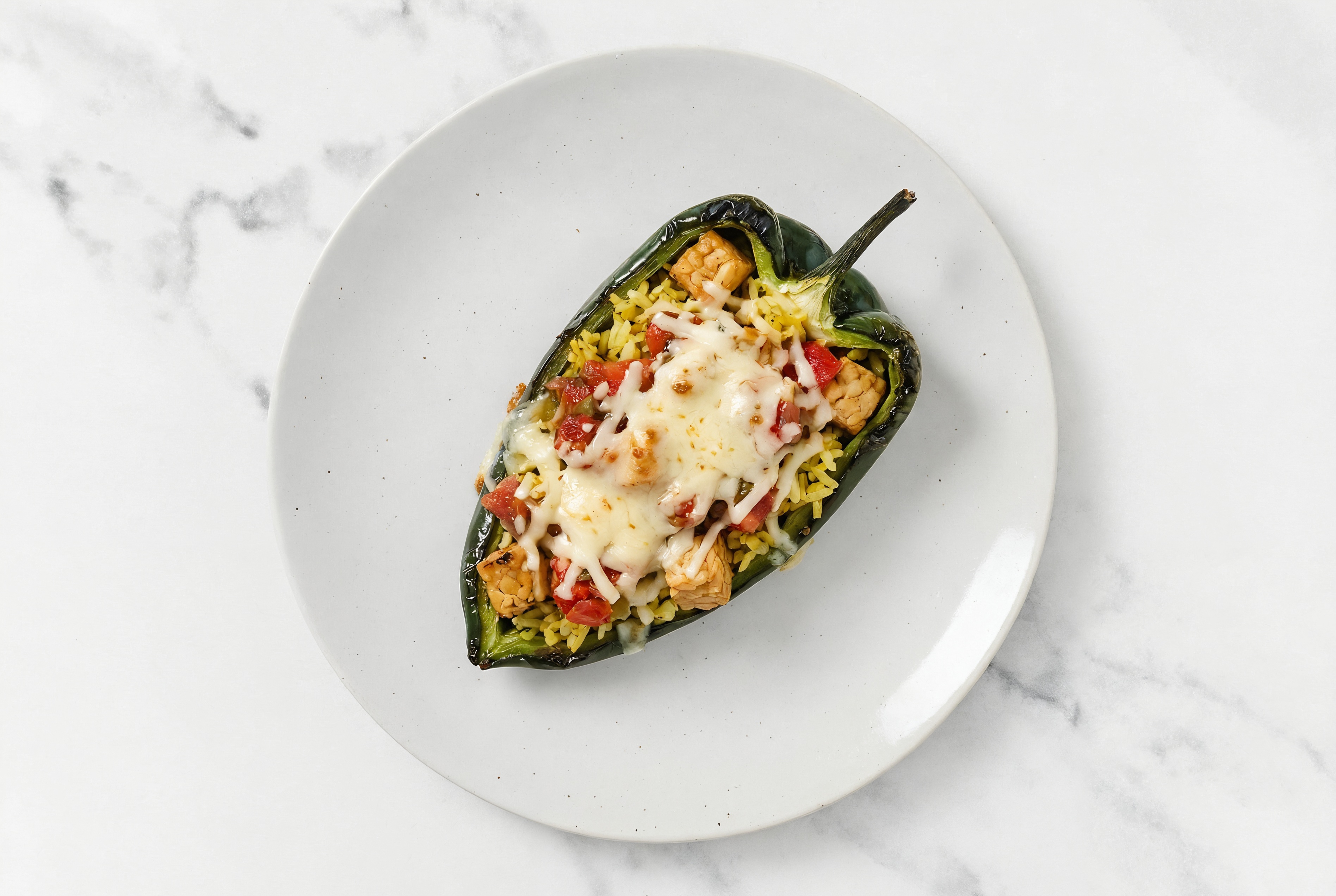"Tempeh + Cheese" Stuffed Poblano Peppers with Seasoned Jasmine Rice