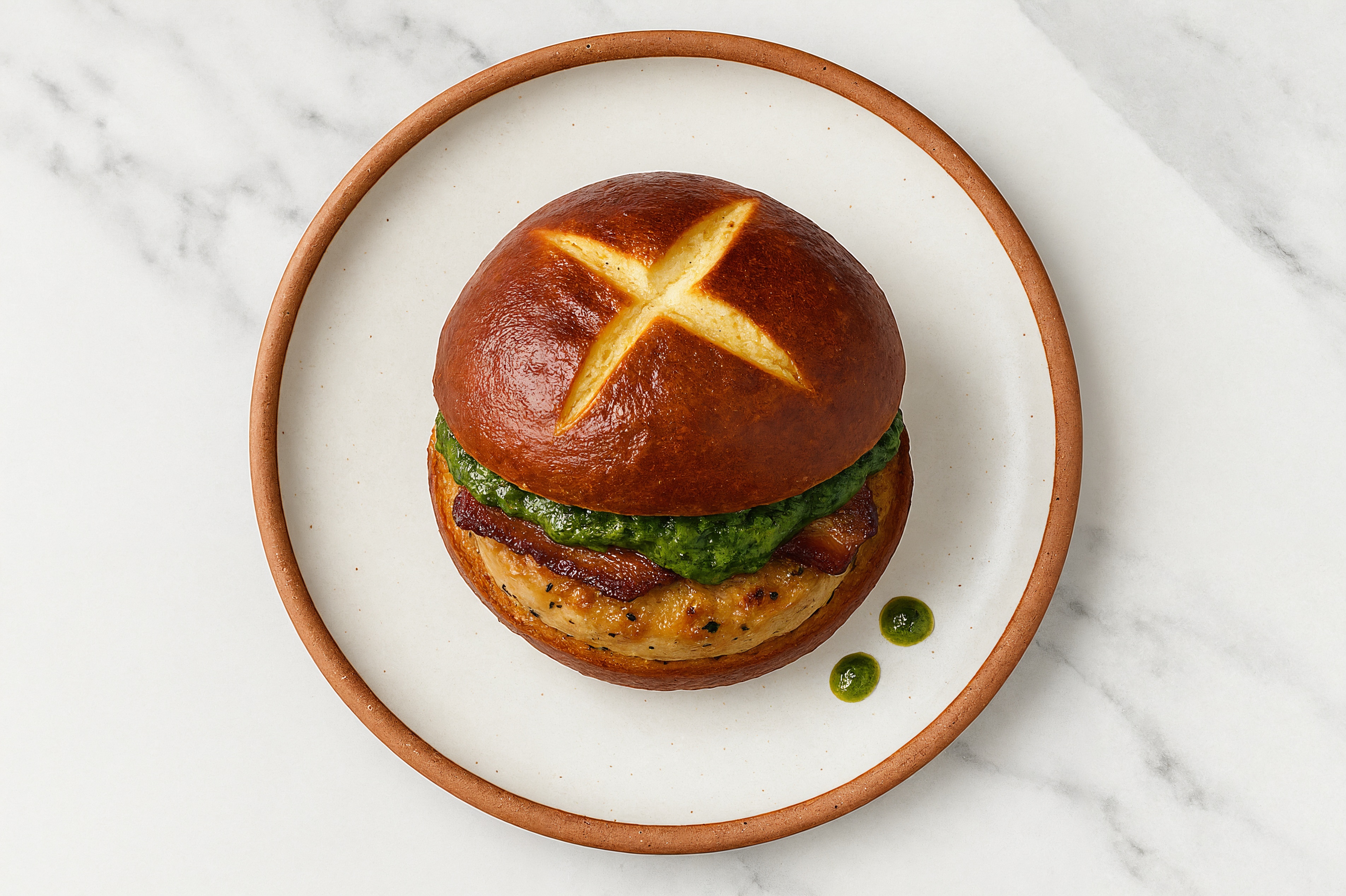 Garlic Chicken Burger on Pretzel with Spinach Pesto & Turkey Bacon