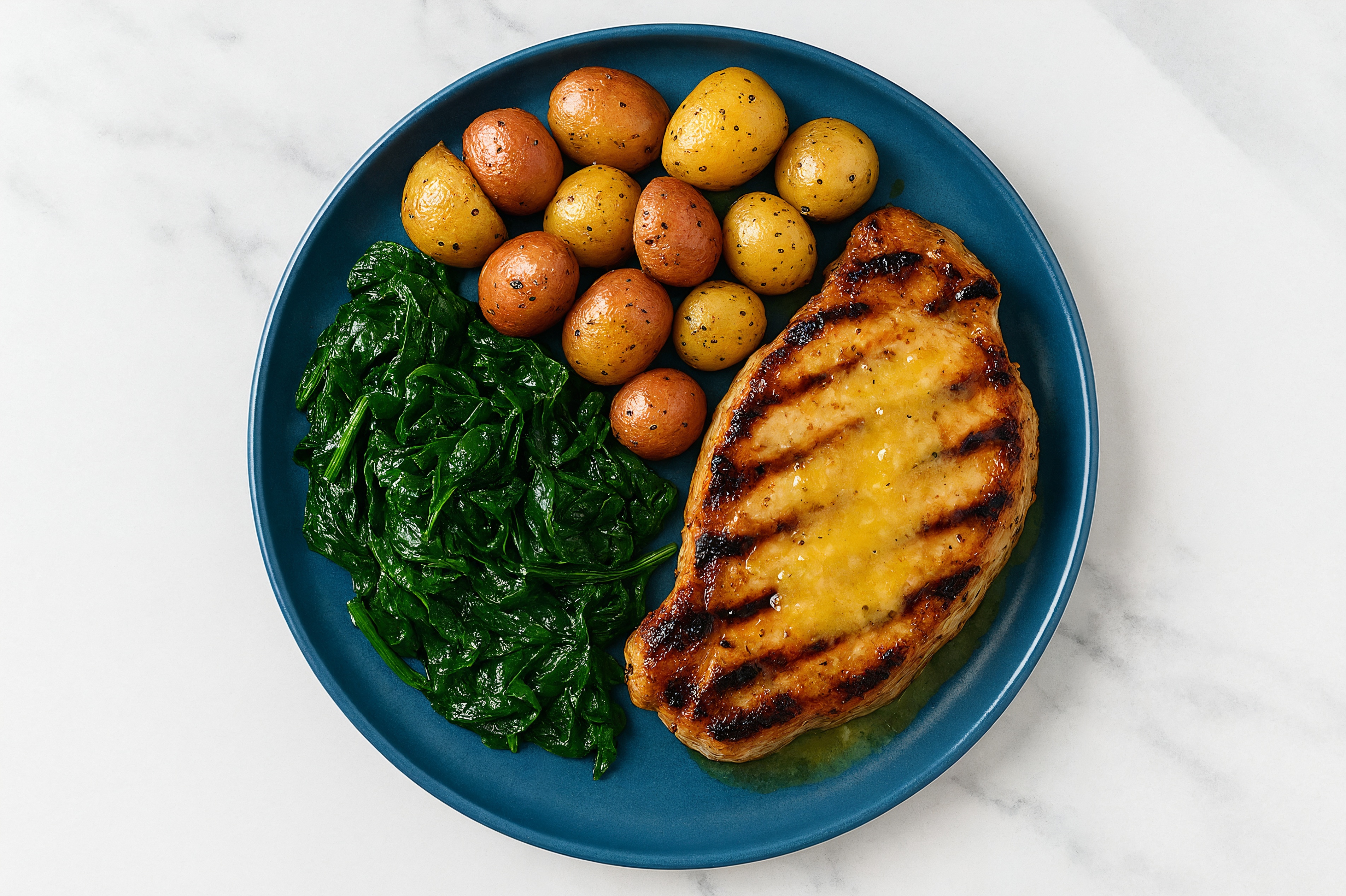 Lemon-Slow Churned Pasture Butter Pork Chops with Creamer Potatoes & Spinach