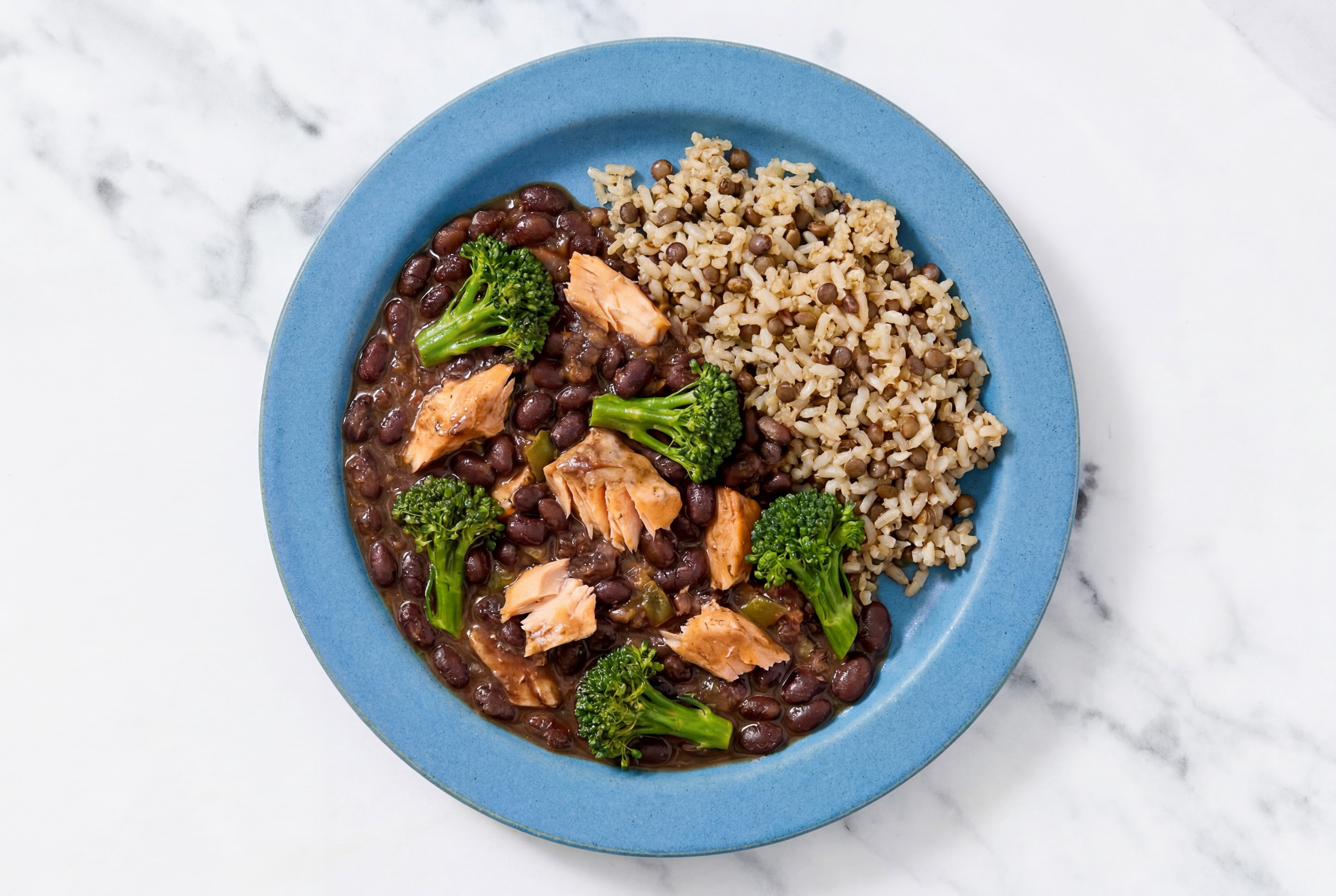 Salmon & Black Bean Stew with Sweet Baby Broccoli & Quinoa Rice