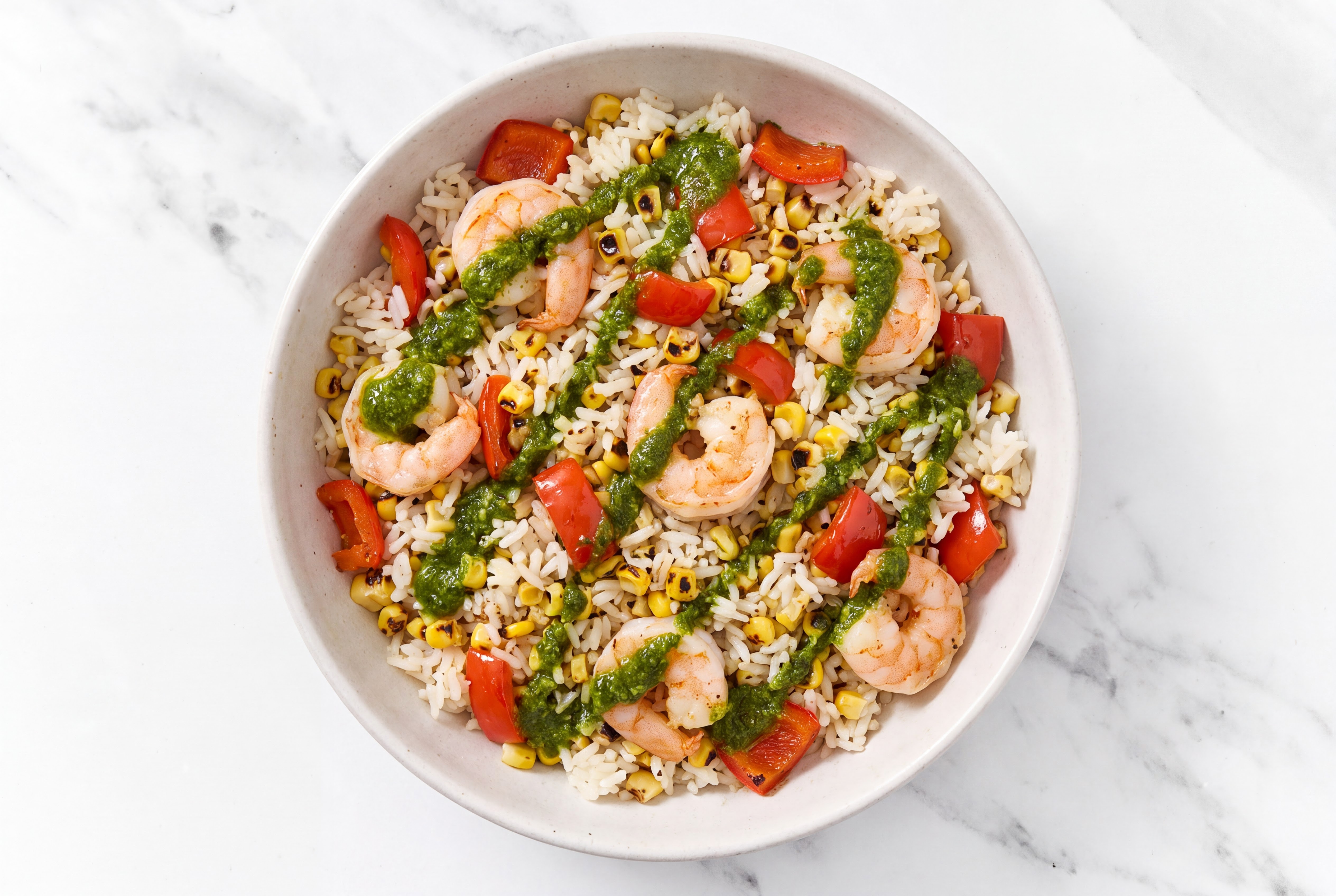 Zhoug Jumbo Shrimp + Mexican Street Corn Rice Bowl with Red Bell Pepper