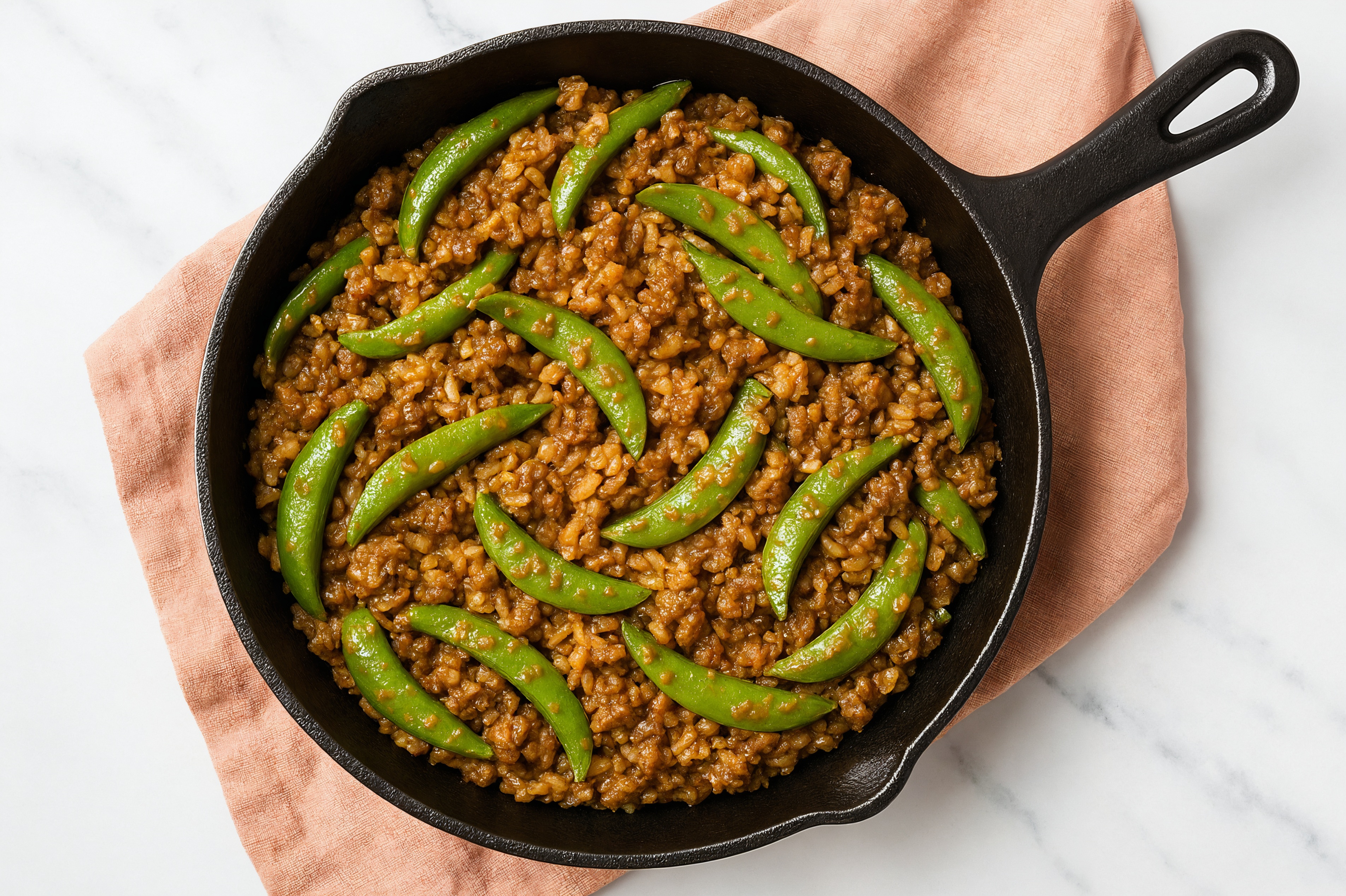 Thai Peanut Pea Snap + Ground Bison Stir-Fry with Brown Rice