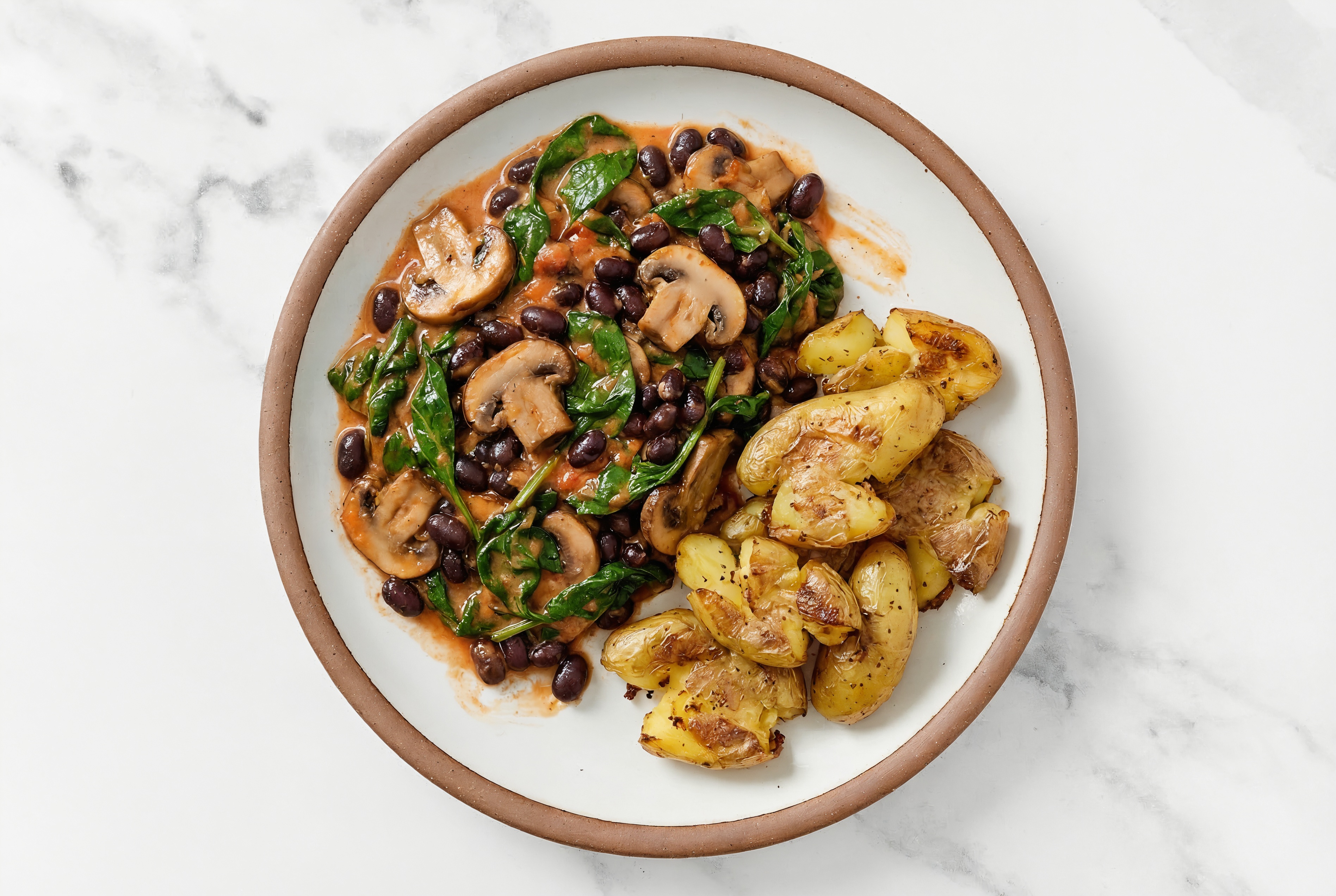  Vegan Rosa Sauce with Spinach + Roasted Smashed Crispy Fingerlings