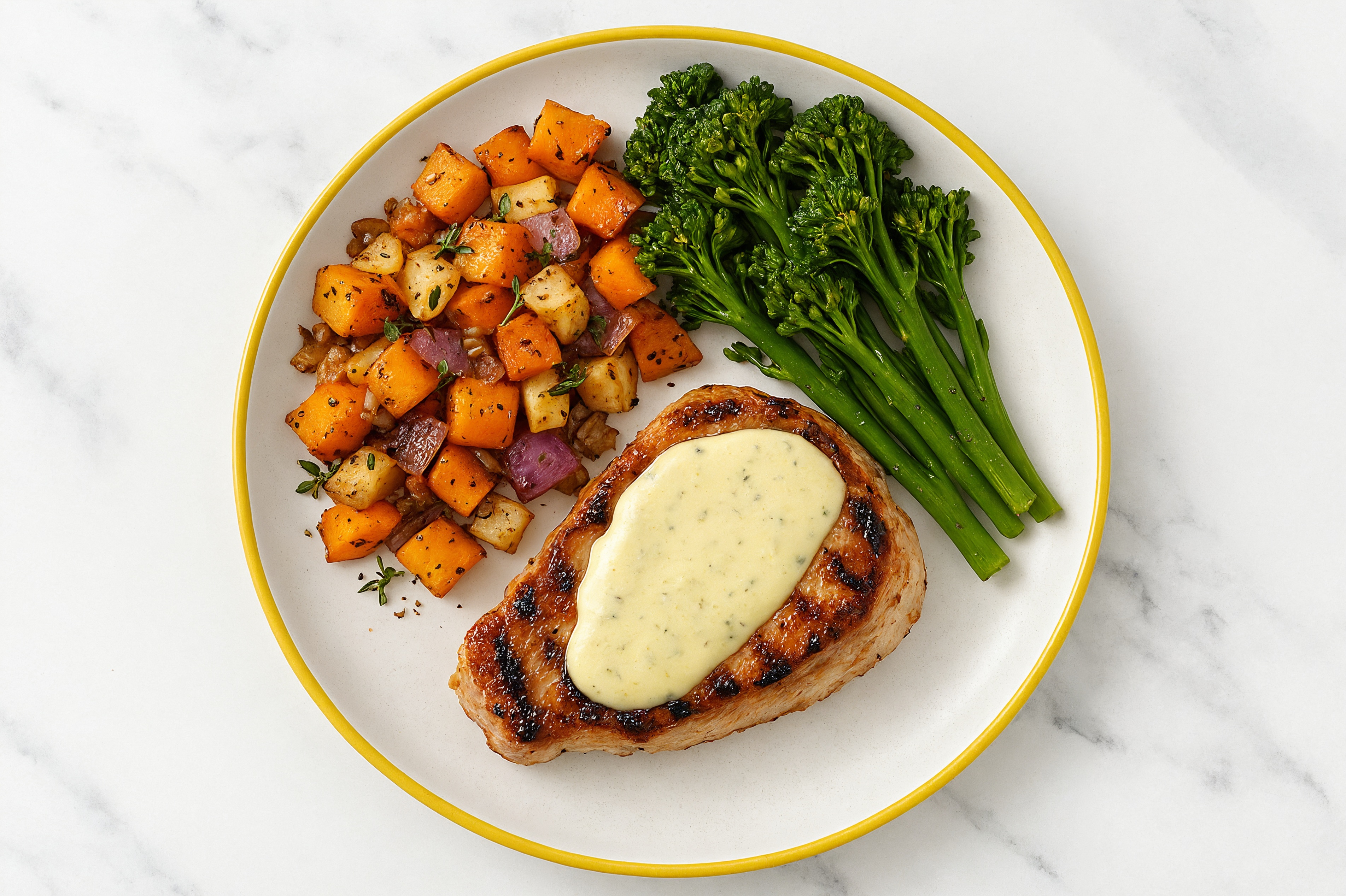 Creamy Herb Smothered Pork Chops with Baby Broccoli & Roasted Vegetables