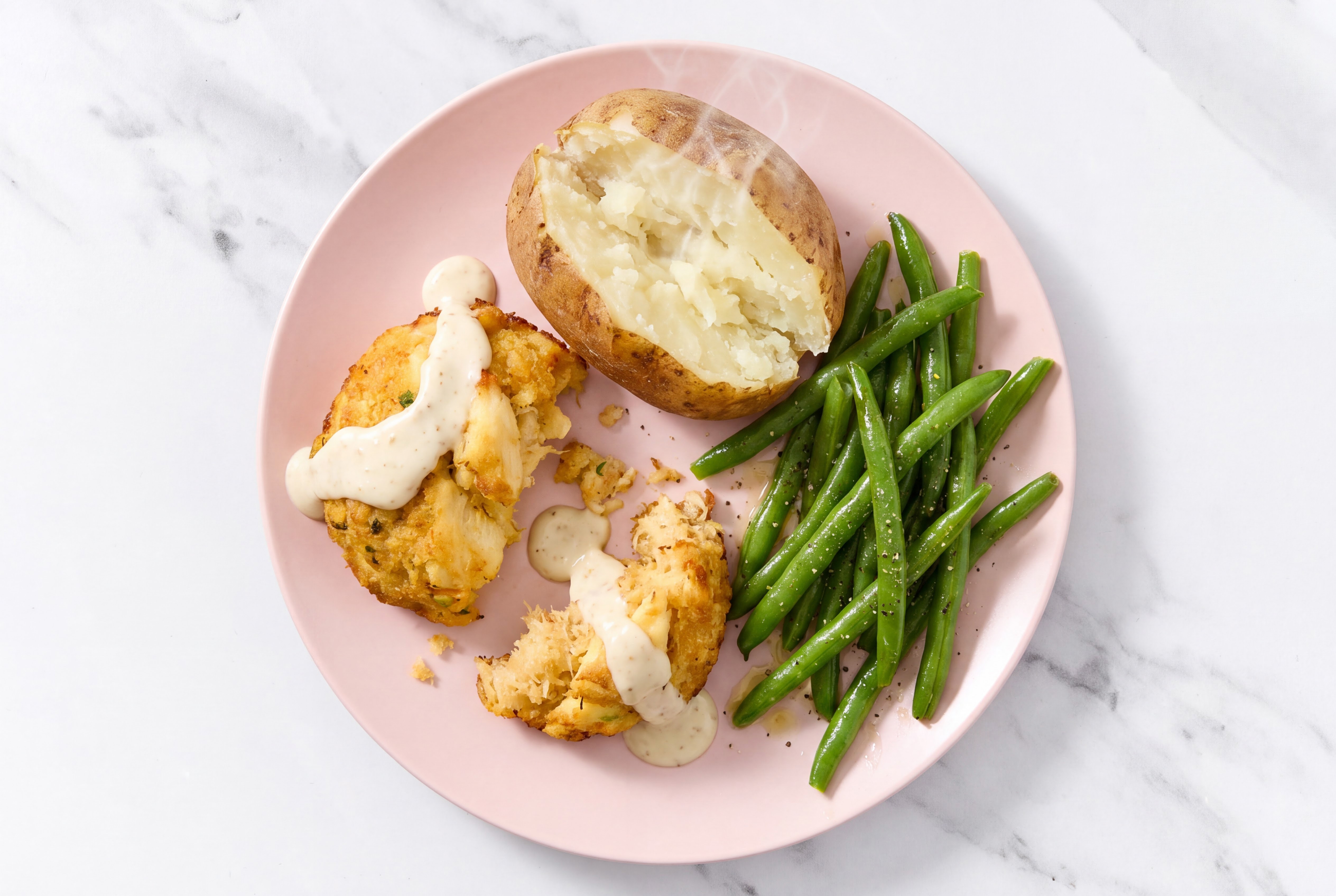 Garlicky Jumbo Lump Crab Cakes with Taters + Green Beans
