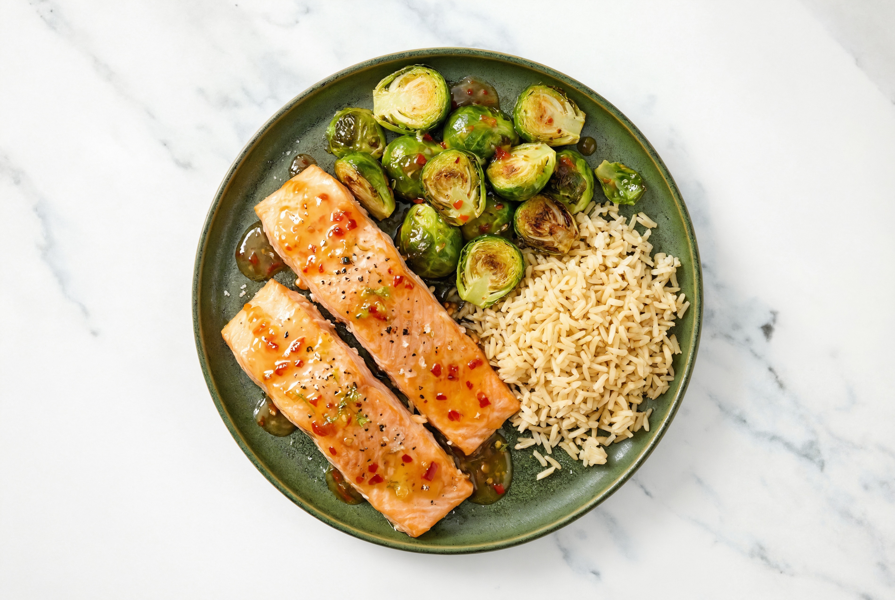 Air Fryer Sweet Chili Salmon + Brussels with Bone Broth Rice