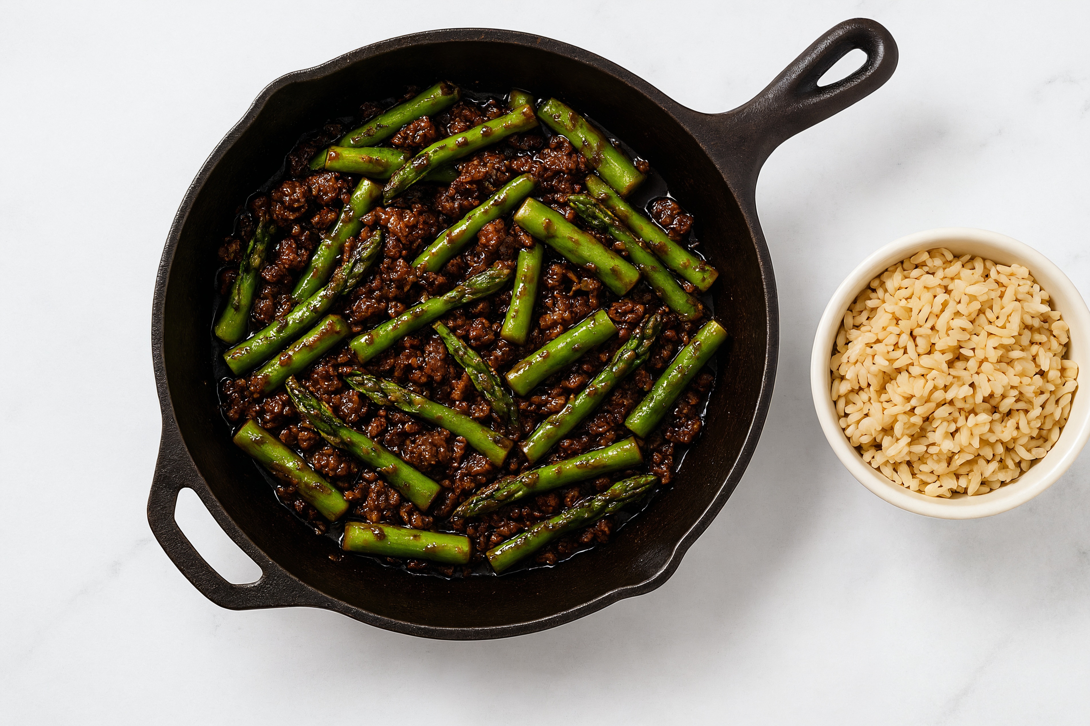 Japanese BBQ Ground Beef Stir-Fry with Asparagus over Brown Rice