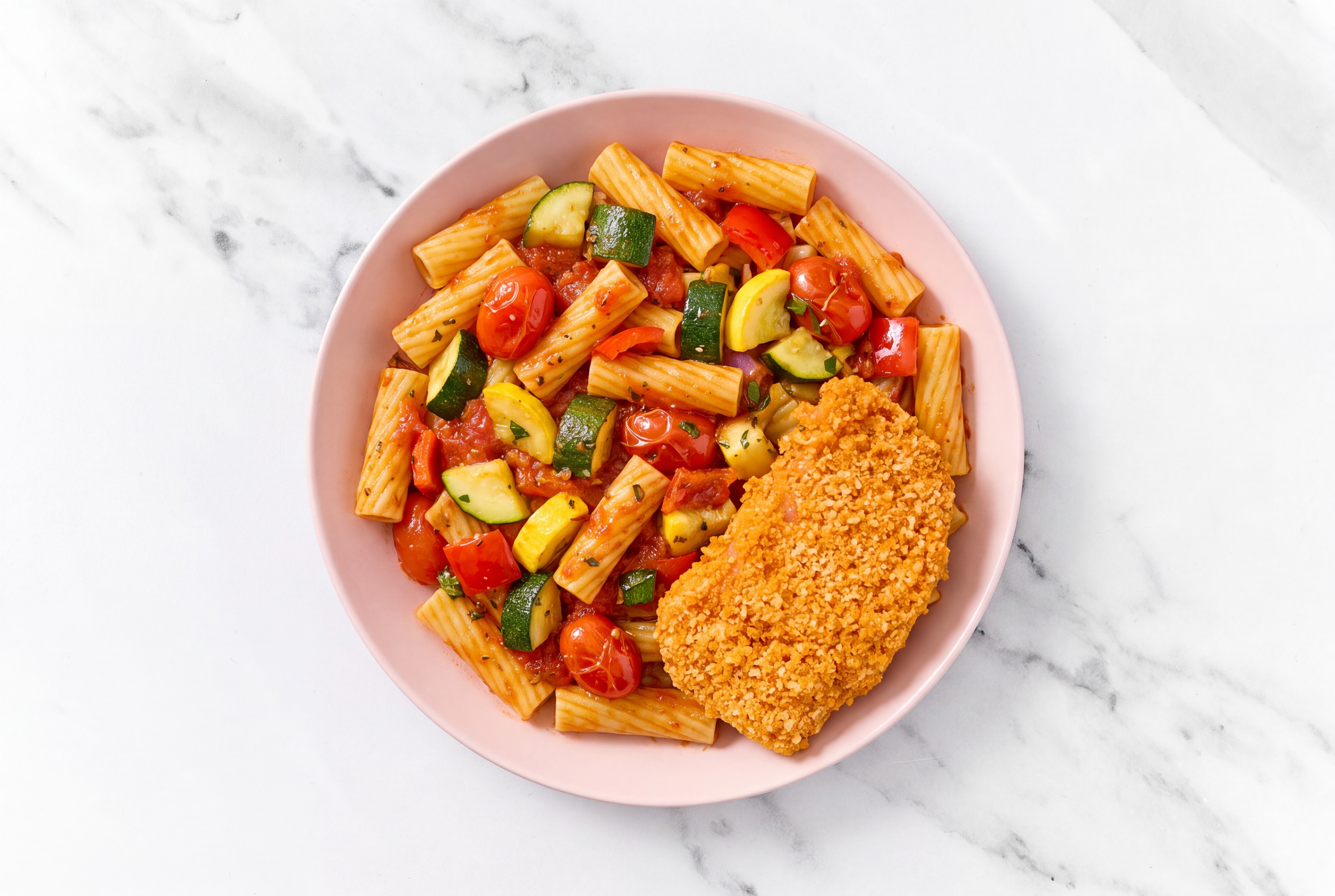 Crispy Hot Honey Chicken over Marinara Rigatoni with Mixed Veggies