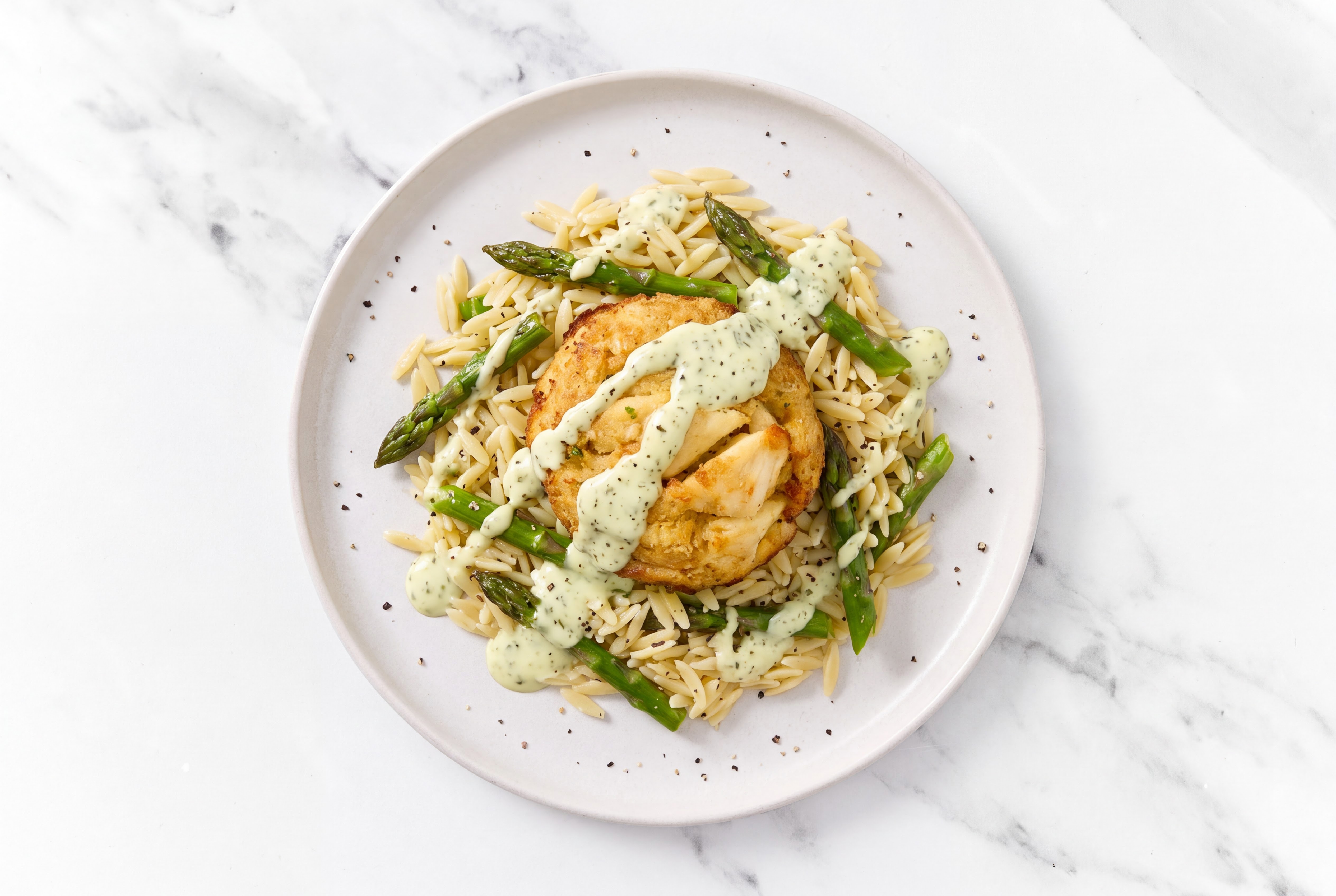 Jumbo Lump Crab Cakes Cake + Jalapeño Asparagus Orzo Bowl