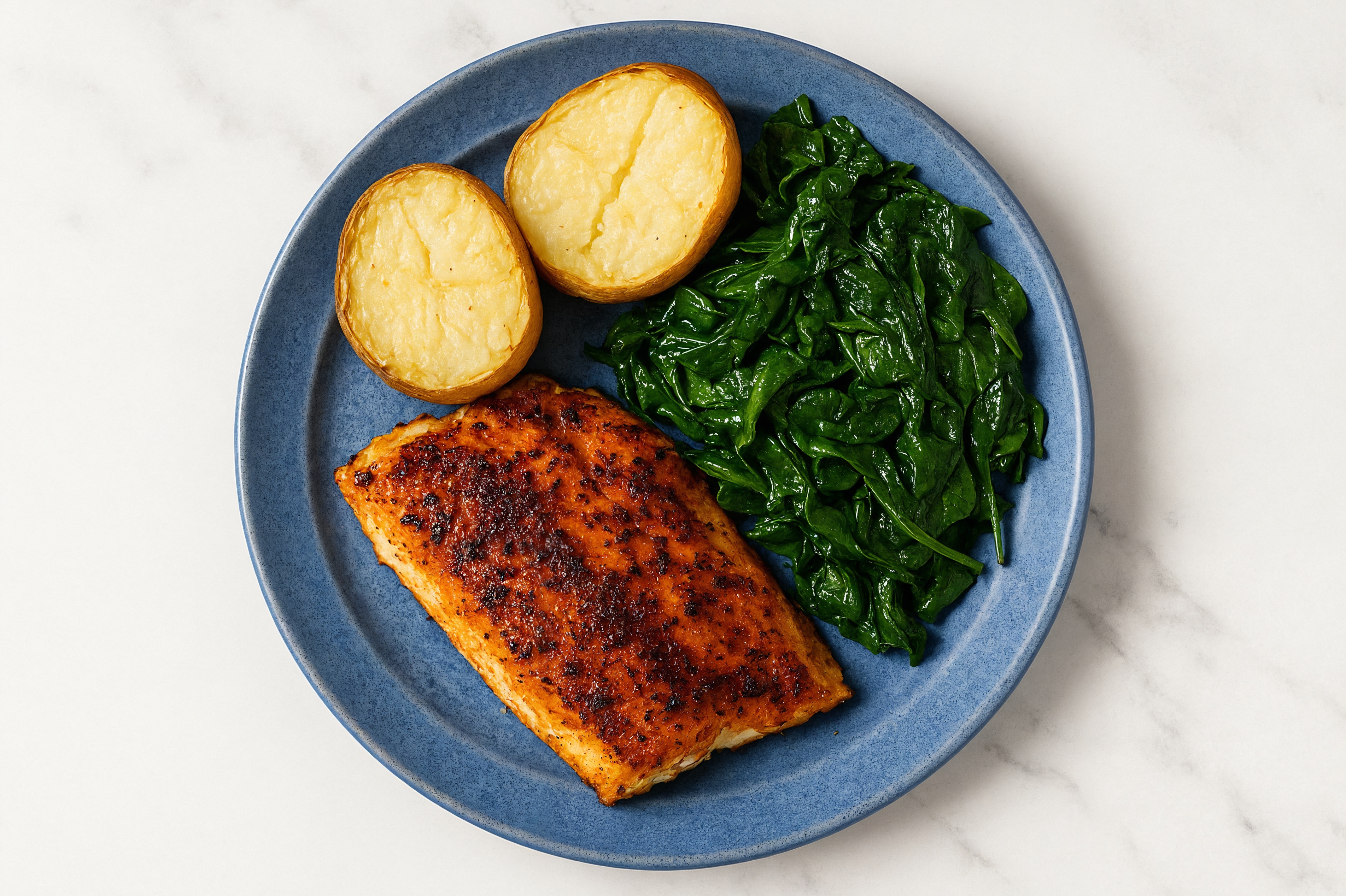 Herby Blackened Halibut, Potato + Baby Spinach
