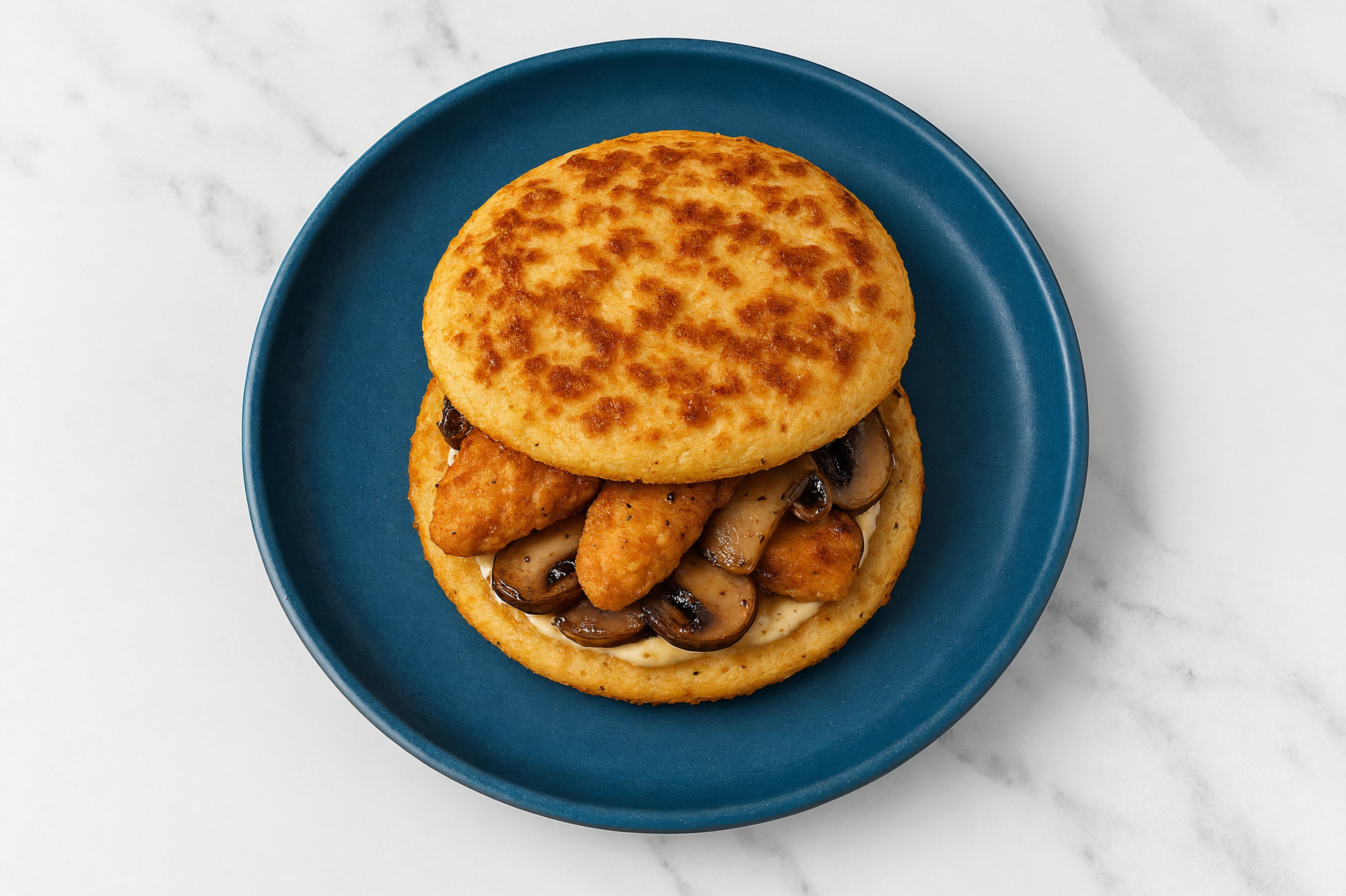 Creamy Horseradish "Chicken" Tenders Sandwich with Portabellas on Cauliflower Rounds